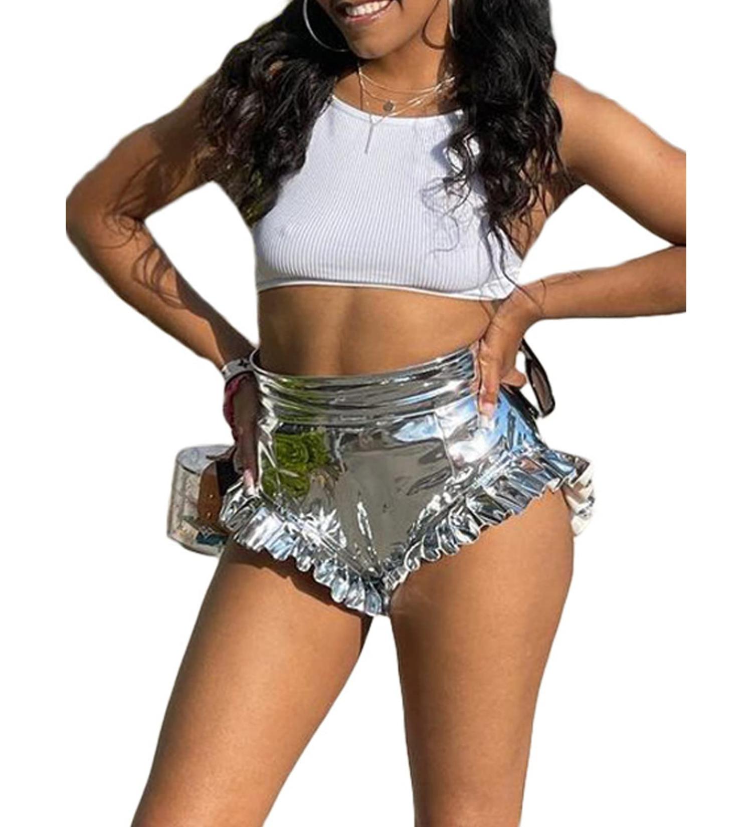 QFMQKPI Women's High Waisted Metallic Booty Shorts with Ruffle Trim - Small, Silver | Nightclub Hot Pants - Buy Online on SooperMarket.com