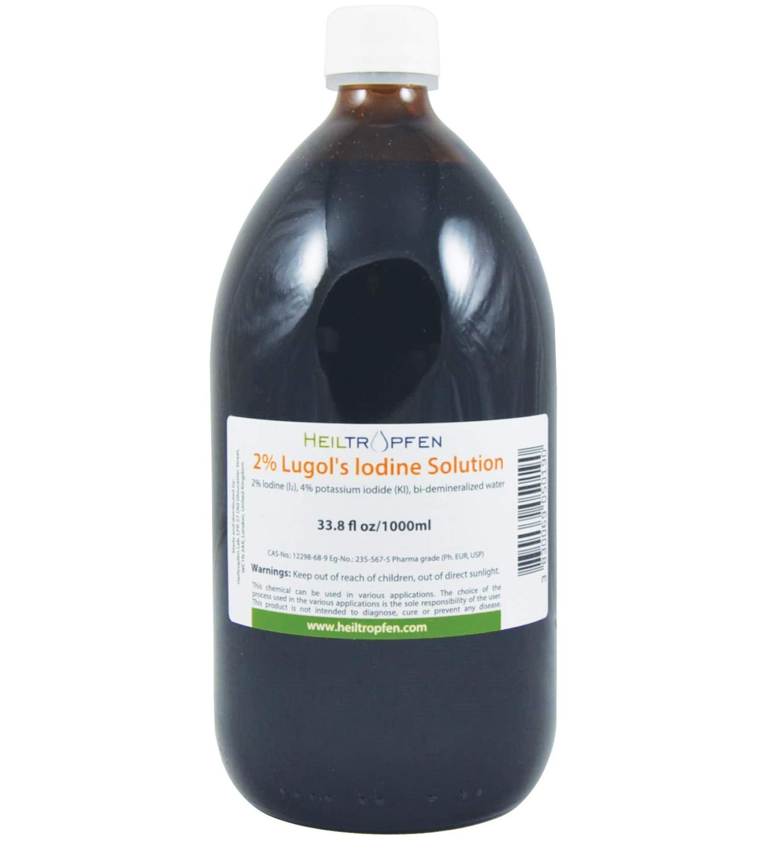 2% Lugols Iodine Solution | 33.8 Fl Oz - 1000 ml | Made with 2 Percent Iodine and 4% Potassium Iodide | Glass Bottle | Lugol's Solution | Heiltropfen