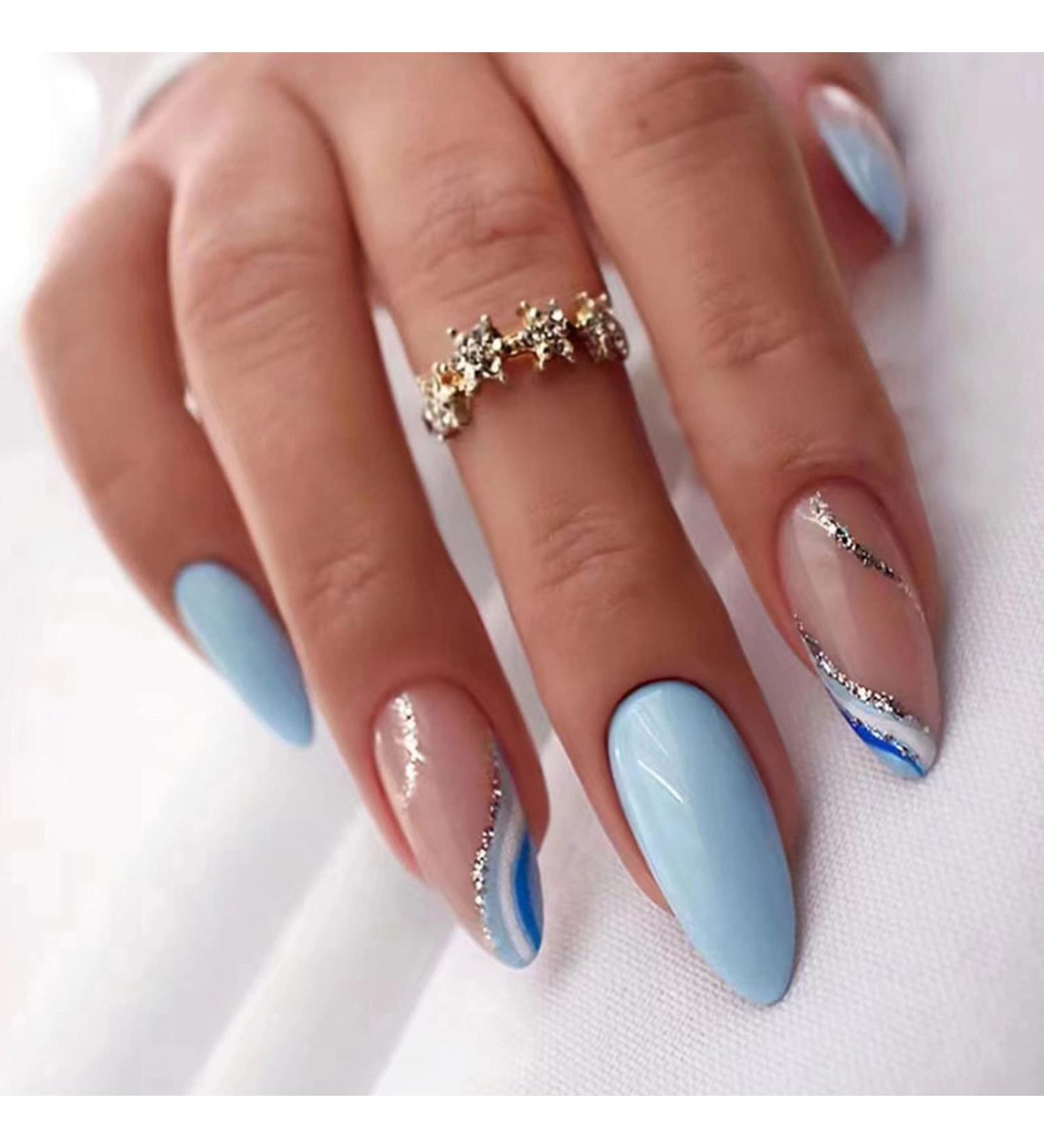 Blue Almond Shape Press on Nails with Wave Designs | Medium Length French False Nails for Women - Buy Online on SooperMarket.com