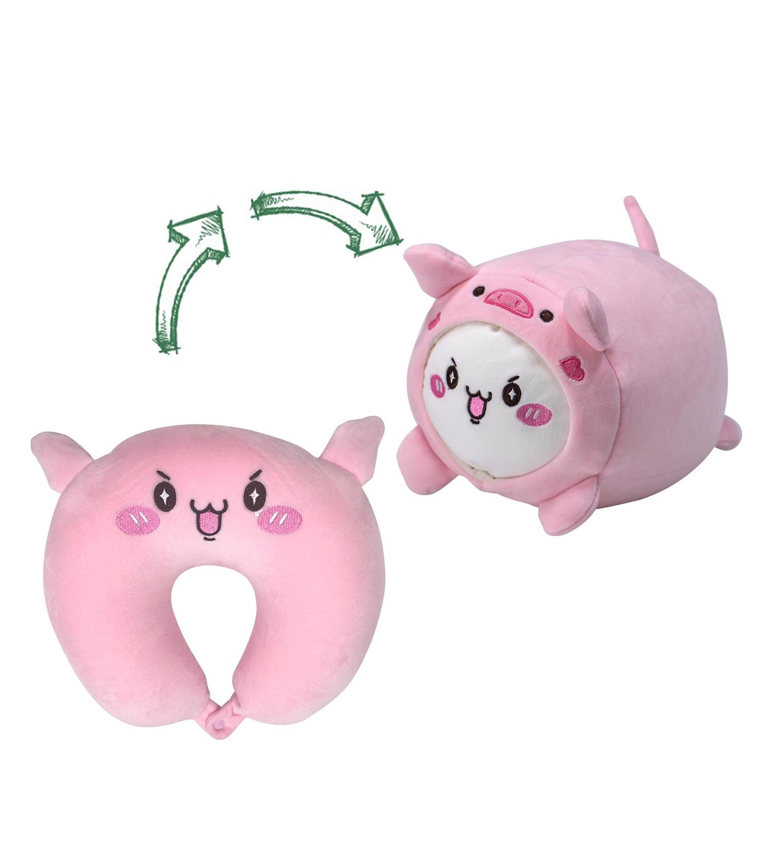 JOYRAVO 2-in-1 Travel Pillow for Kids - Adorable Pink Pig Plushie Converts to U-Shaped Neck Pillow for Ultimate Comfort on Airplane, Train, Bus Trips - Buy Online on SooperMarket.com