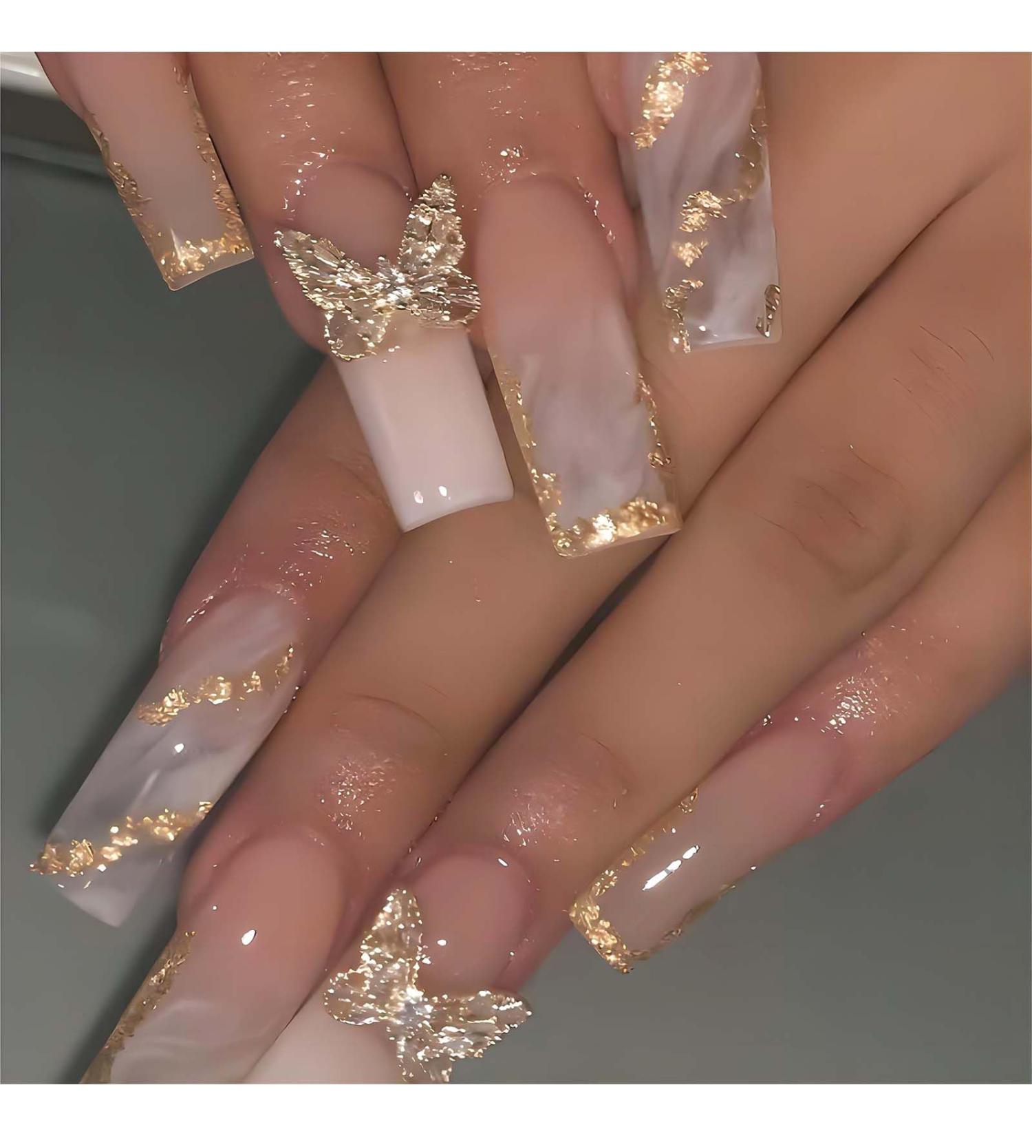 Buy Glossy Ombre Nail Press Ons - 24Pcs Coffin Fake Nails with 3D Butterfly & Gold Glitter - Ideal for Women - Buy Online on SooperMarket.com