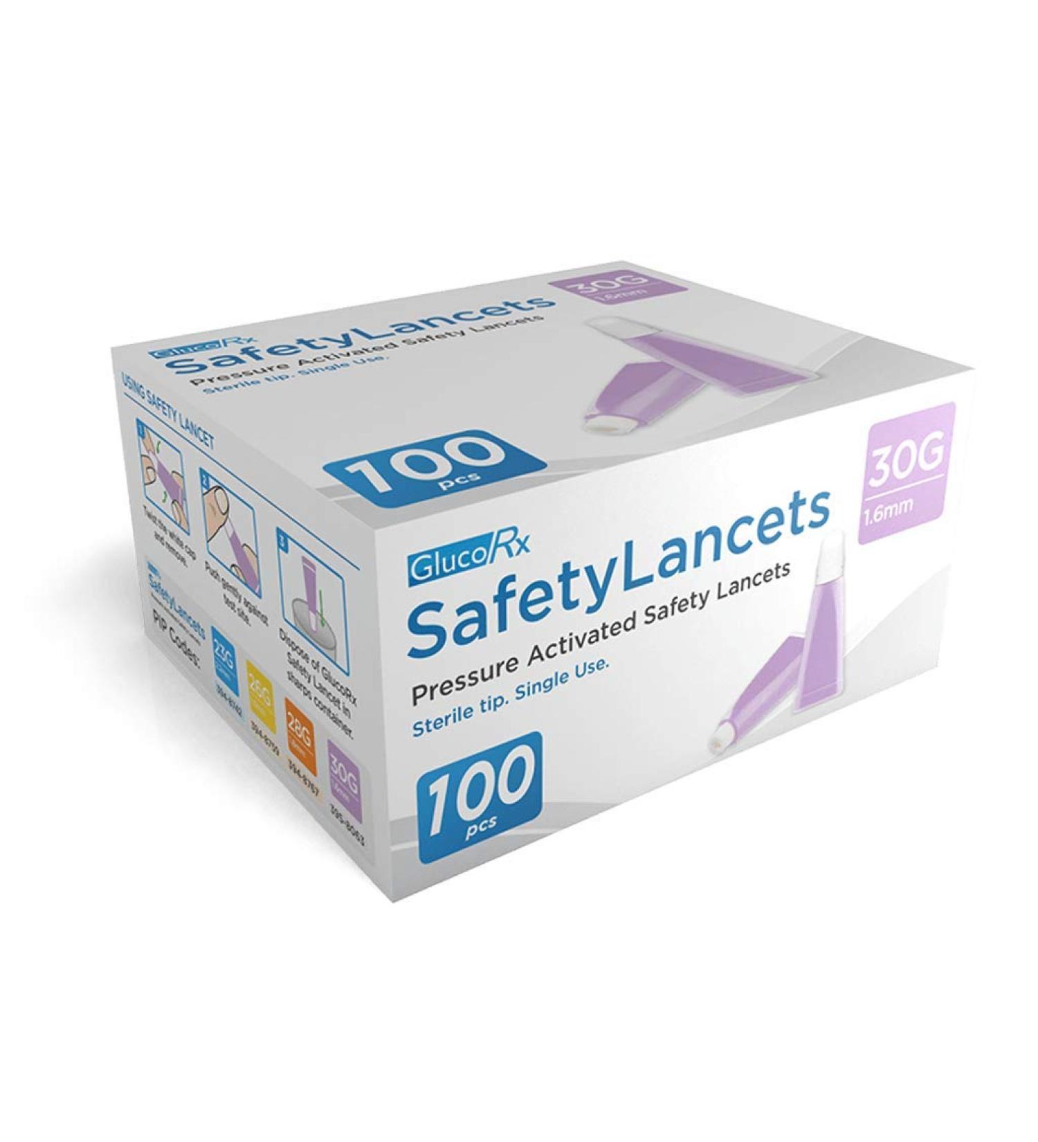 GlucoRx 30 g/1.6 mm Safety Lancets 100 Pack