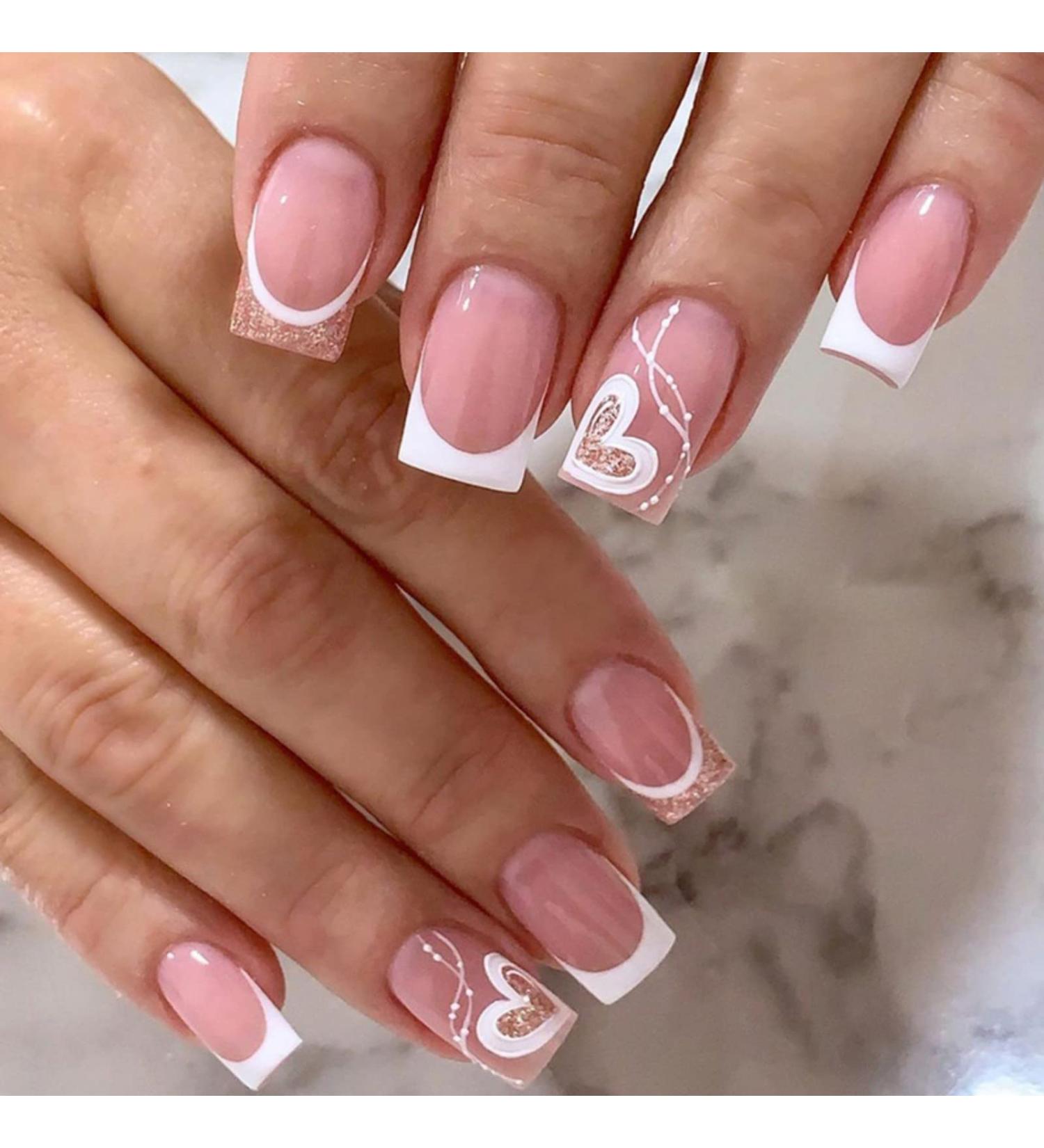 Justotry 24 Pcs Heart Square Short Milky French Press on Nails - Glitter Fake Nails Medium with Nail Glue - Pink Stick on Nails for Women - Squoval Nails for Nail Art - Buy Online on SooperMarket.com