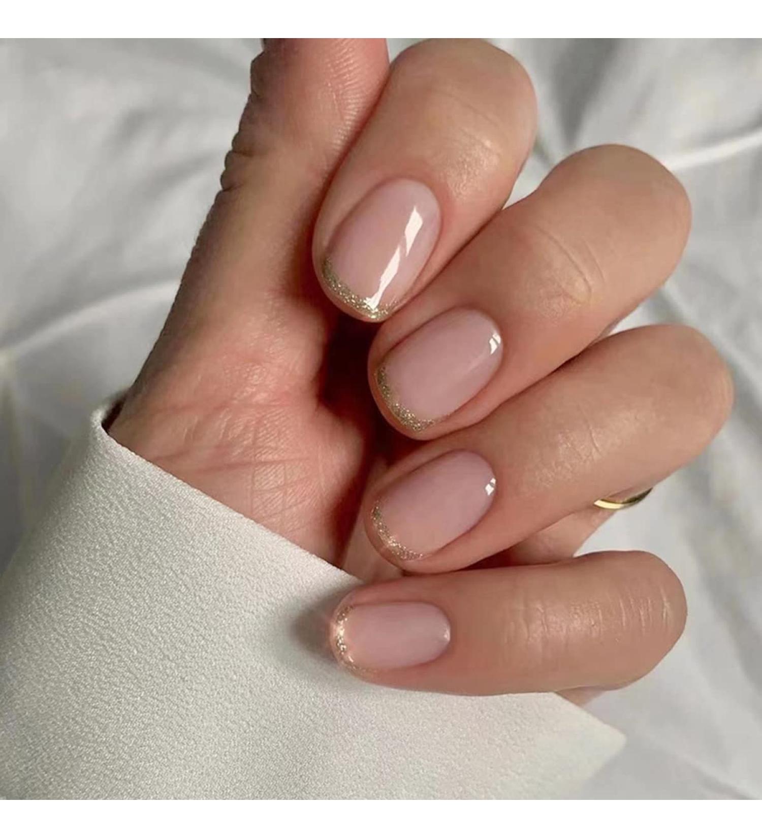 Gold Glitter French Tips Press On Nails - 24Pcs Square Nude Pink False Nail Kit for Women - Reusable Acrylic Gel Nails with Designs - Holiday Gift Set - Buy Online on SooperMarket.com