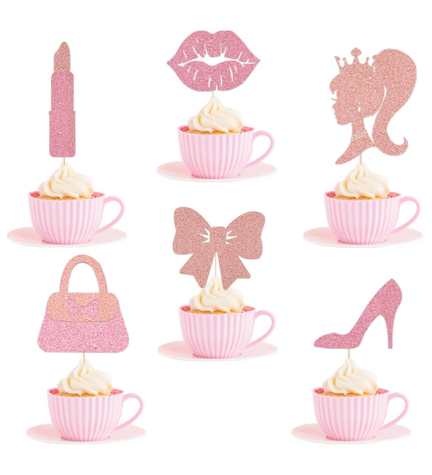 24 PCS Hot Pink Girl Cake Toppers - Glitter Princess Birthday Cupcake Decorations - High Heel Lipstick bowknot Cupcake Picks for Wedding Baby Shower Anniversary Girl Birthday Themed Party Supplies - Buy Online on SooperMarket.com