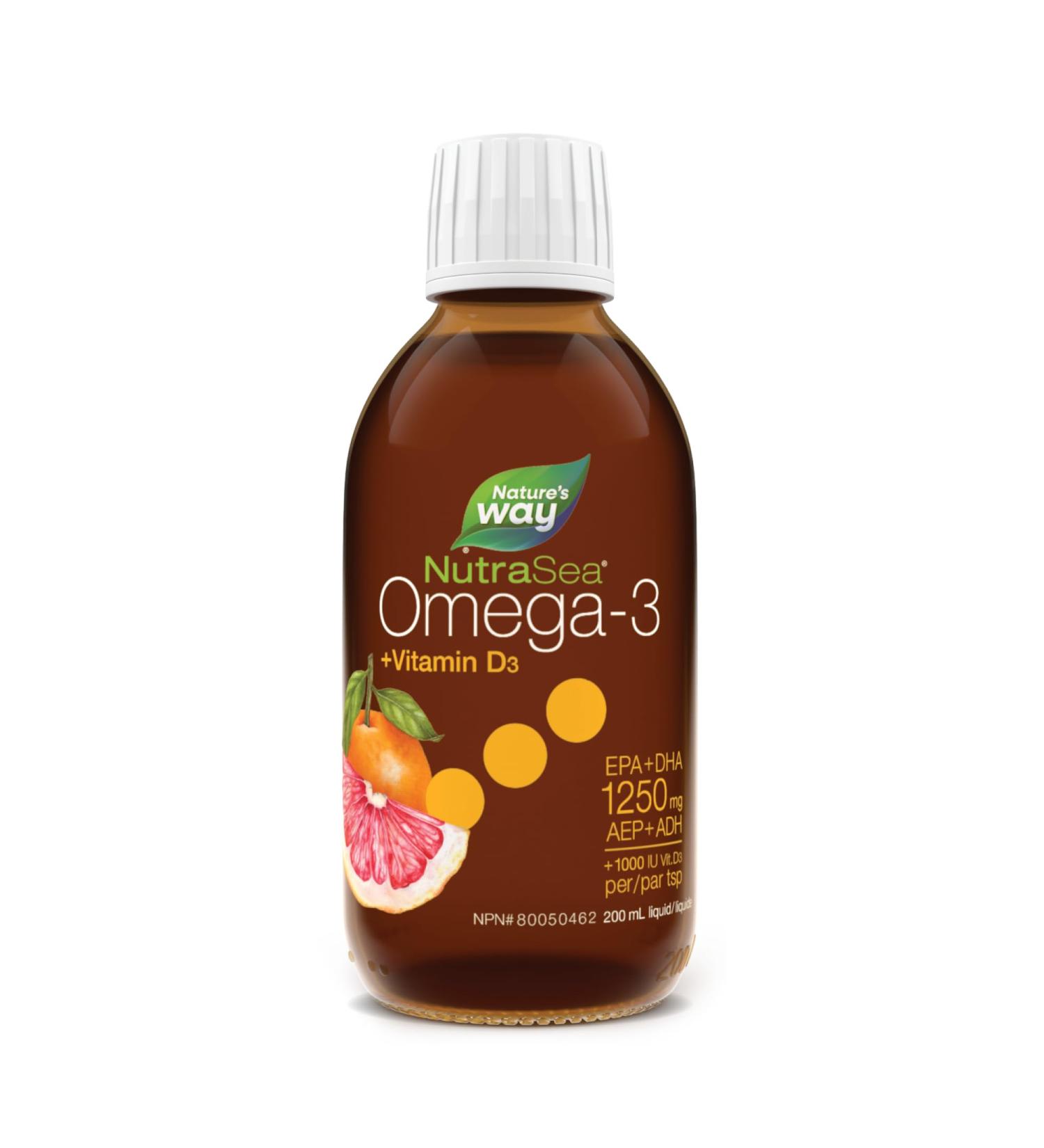 Nature's Way NutraSea Omega-3 and Vitamin D Supplement - Fish Oil with 1250mg EPA and DHA 1000 IU Vitamin D3 Support Healthy Heart and Brain Help Build Strong Bones and Teeth & Help Support Immune System - Grapefruit Tangerine Flavour 200 mL Liquid - Buy Online on SooperMarket.com