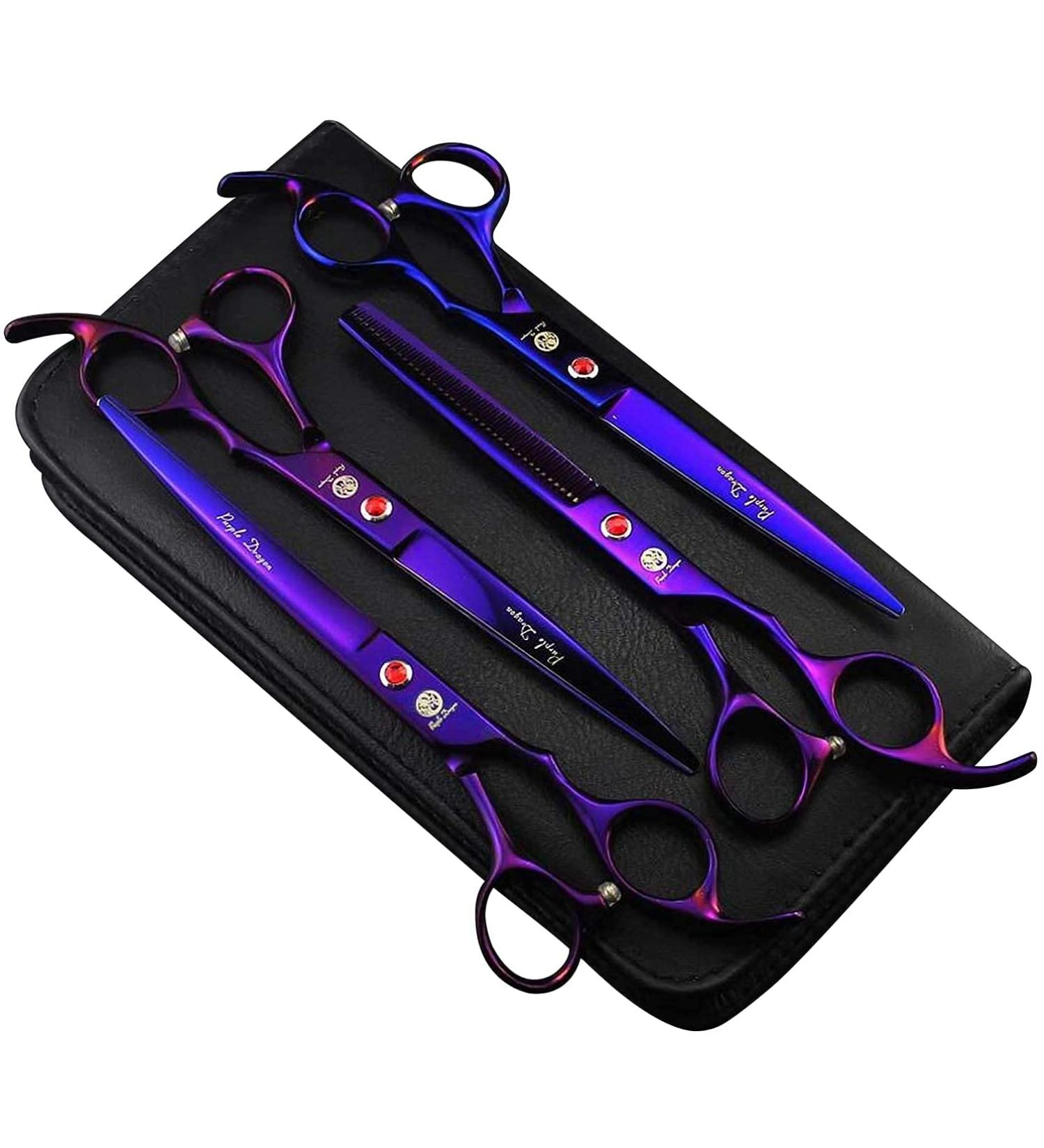 Purple Dragon Professional 7.0 inch 4PCS Pet Grooming Scissors Kit - Premium Japan Steel Straight & Curved Blades with Case - Dog Hair Cutting Shears Set in Electroplating Purple - Buy Online on SooperMarket.com