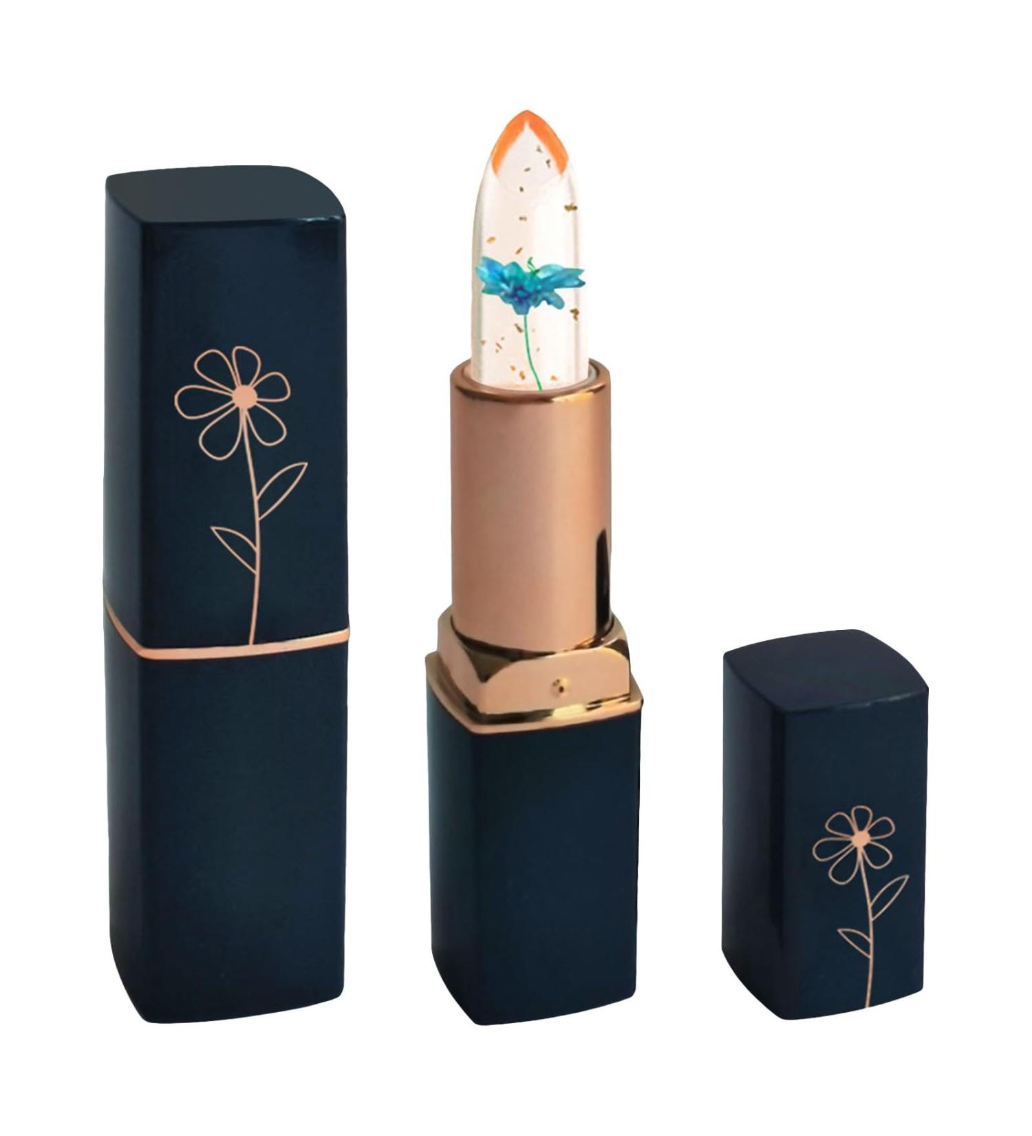 LZPCarra Dark Blue Tube Transparent Dried Flower Lipstick Gold Leaf Jelly Colour Changing Moisturising Lip Balm Moisturising Lip Care (E One Size) 1 count (Pack of 1) E - Buy Online on SooperMarket.com