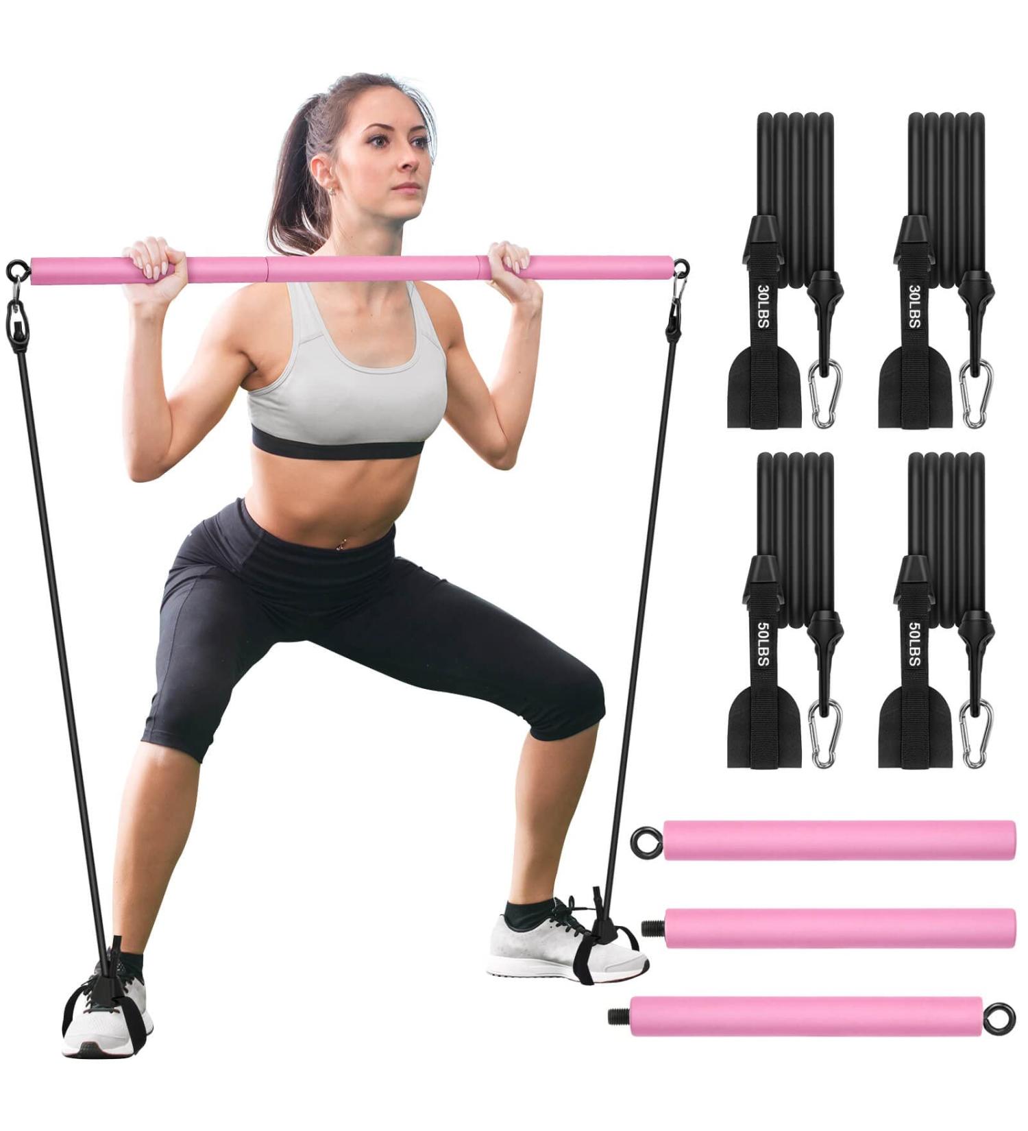 Pilates Bar Kit with Adjustable Resistance Bands | Portable 3-Section Pilates Stick Bar for Full Body Workout | Ideal for Home, Gym, Office, Travel | Pink - Buy Online on SooperMarket.com