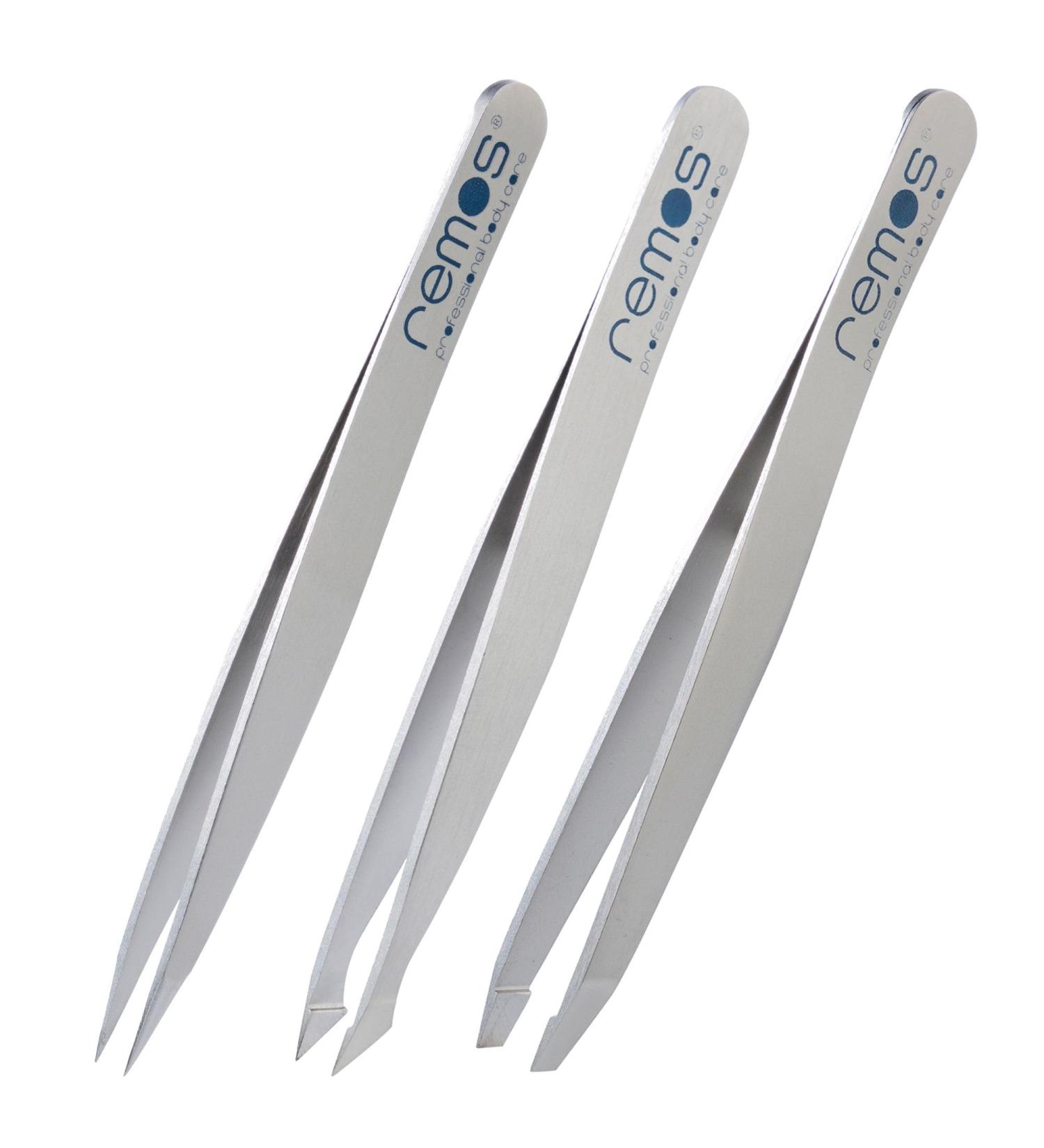 REMOS 3-Piece Tweezers Set - Eyebrow Splinter & Combination Tweezers in Satin Finish | Perfect for Precision Grooming - International Shipping Available - Buy Online on SooperMarket.com