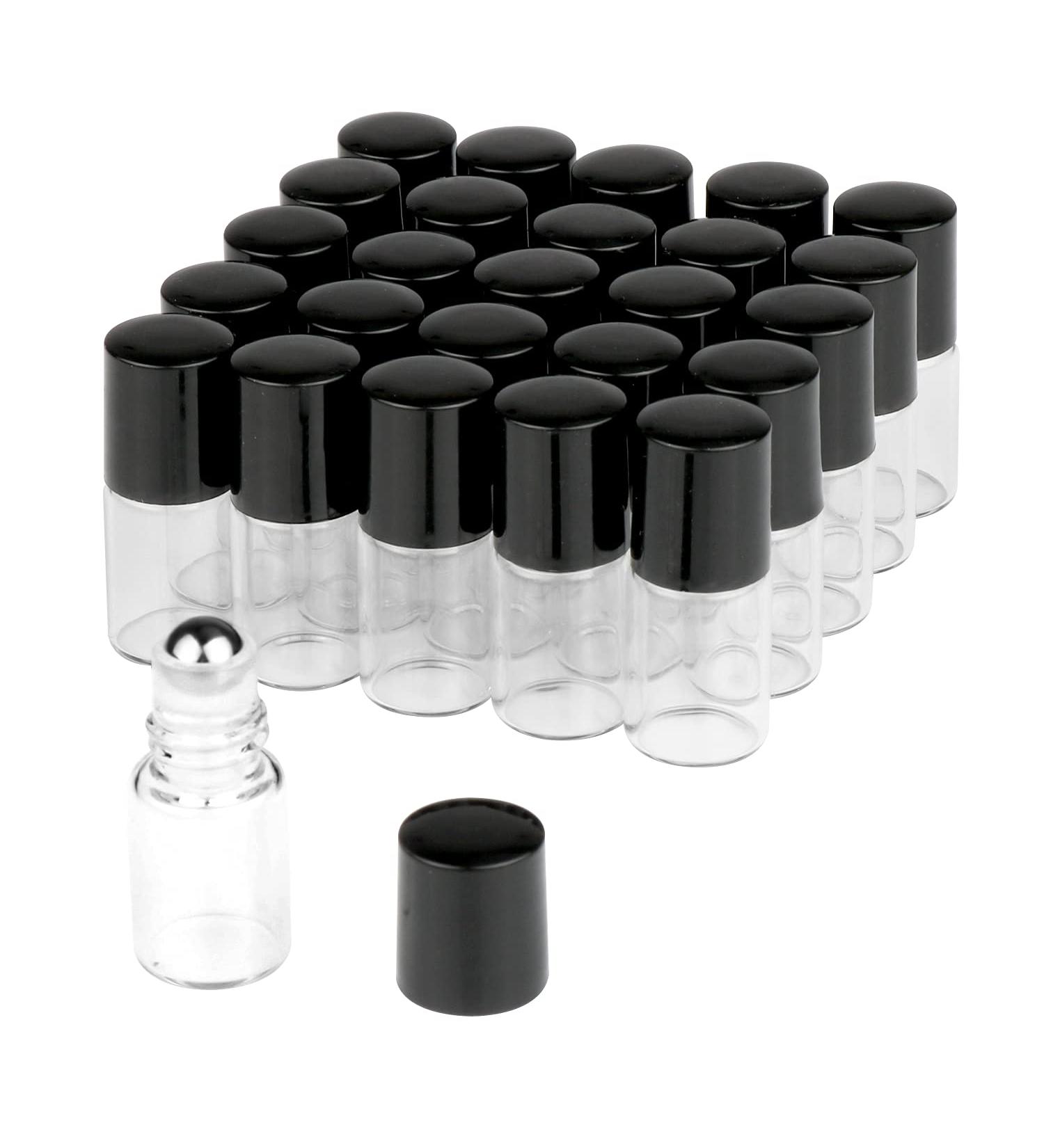 25 Pcs Clear Glass Mini Roll On Bottles - Empty 2ml Roller Ball Bottles for Essential Oils, Perfume, Lip Balm - Cosmetic Sample Vials with Black Cap - Buy Online on SooperMarket.com
