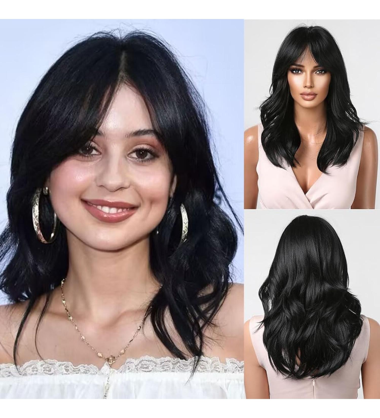 Allbell Black Wavy Wigs for Women - Natural Wave Bob Wigs with Bangs | Shop Internationally! - Buy Online on SooperMarket.com