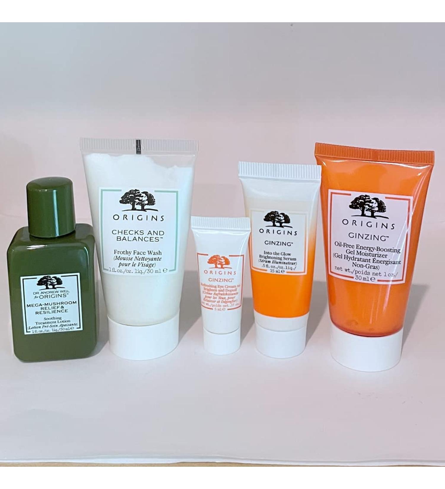 Origins Ginzing Travel Set. Ginzing Oil-Free Energy-Boosting Gel Moisturizer 1.0oz Eye Cream .17oz & Ginzing Serum 0.5oz Checks and Balances Face Wash 1oz & Mega Mushroom Toner 1oz