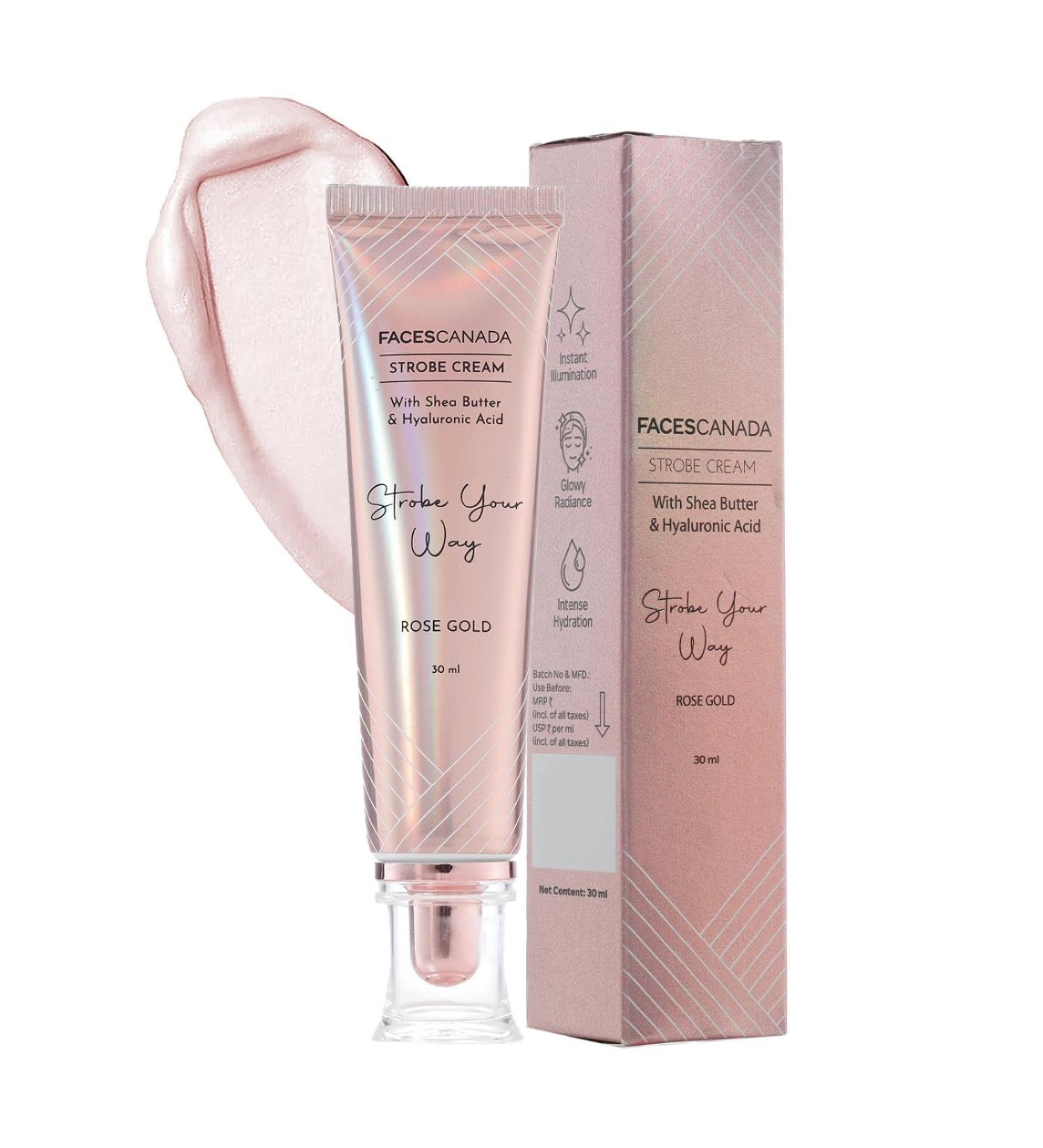 FA..CES/ CANADA Strobe Cream - Rose Gold 30ml | Primer + Highlighter + Moisturizer | Shea Butter & Hyaluronic Acid | Intense Hydration | Flawless Radiant Dewy Skin | Illuminating & Glowing Makeup Base - Buy Online on SooperMarket.com