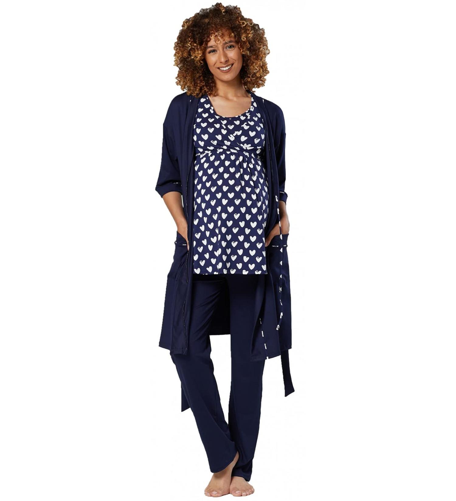 Happy Mama Maternity Nursing 3pcs Nightwear Set - Navy With Hearts - Pants, Top, Robe - Buy Online on SooperMarket.com