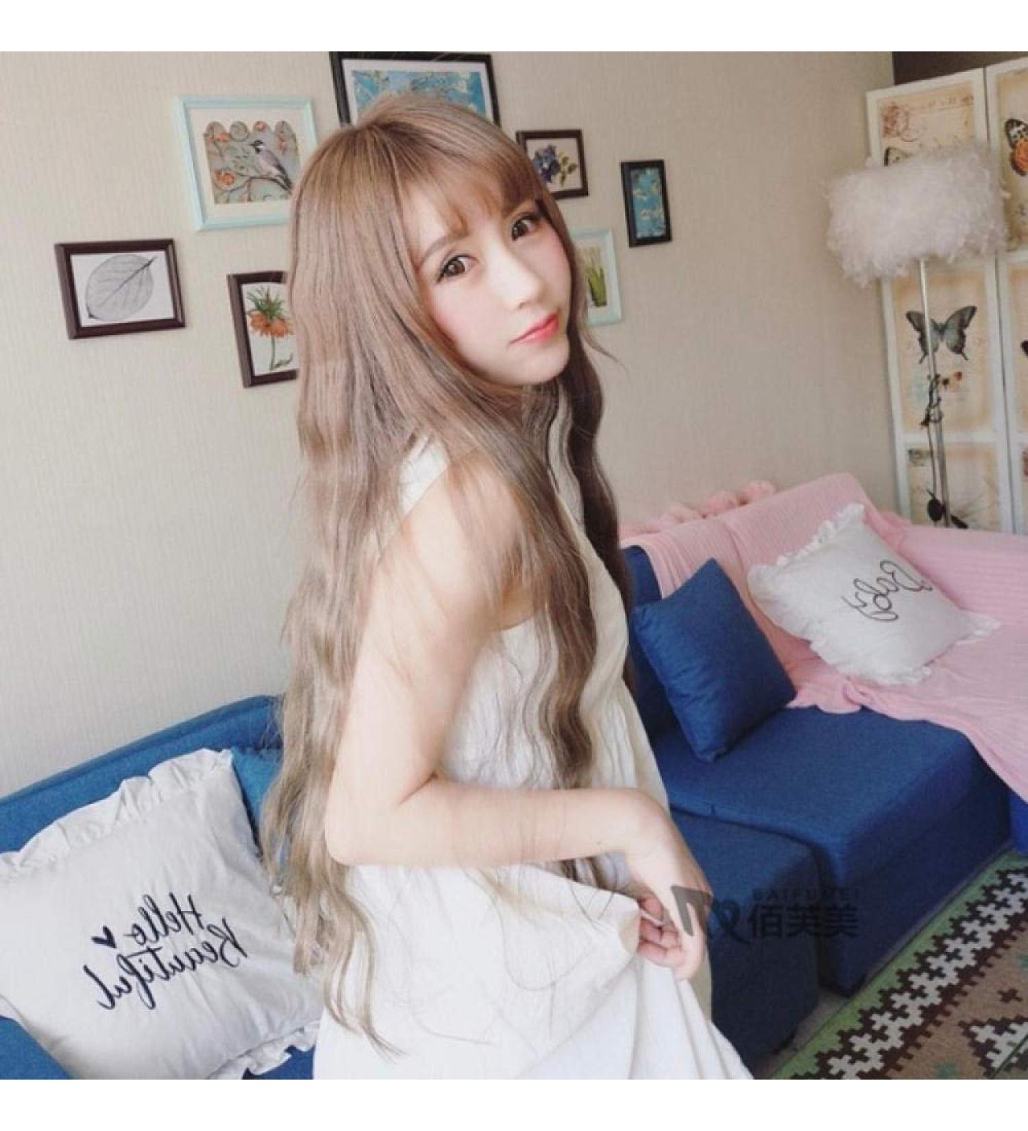 Spot Korea Women's Long Curly Hair Wig with Thin Bangs - Stylish Ash Linen Headgear for International Shipping - Buy Online on SooperMarket.com
