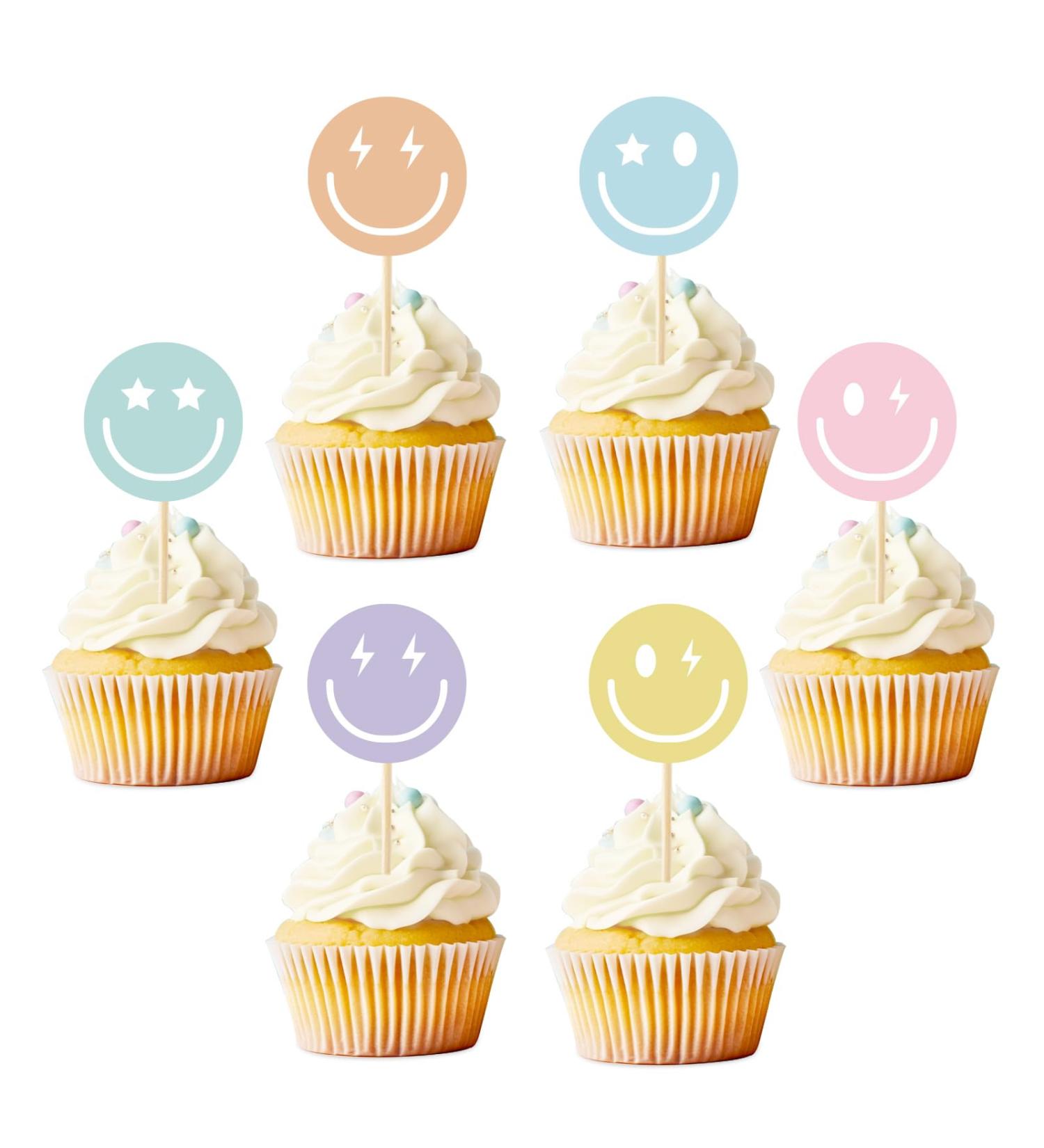 Whaline 36Pcs Preppy Smile Face Cupcake Toppers 6 Designs Paper Cake Decor Cute Cupcake Picks for Y2K Bachelorette Birthday Party Supplies Photo Booth Props - Buy Online on SooperMarket.com