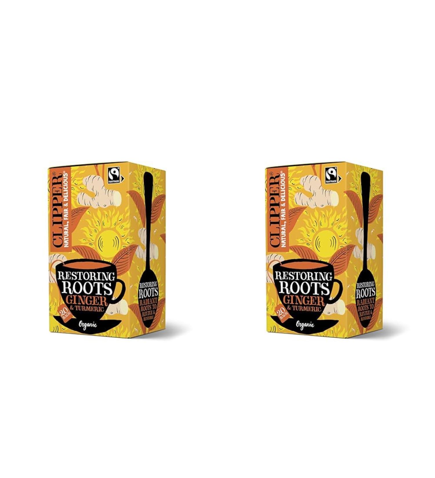 Clipper Organic Restoring Roots Ginger & Turmeric Tea Bags | 20 Tea Infusions in Envelopes | Caffeine Free Teabags | Fairtrade Herbal Tea Bags | Natural Unbleached Plant-Based & Biodegradable Sachets - Buy Online on SooperMarket.com