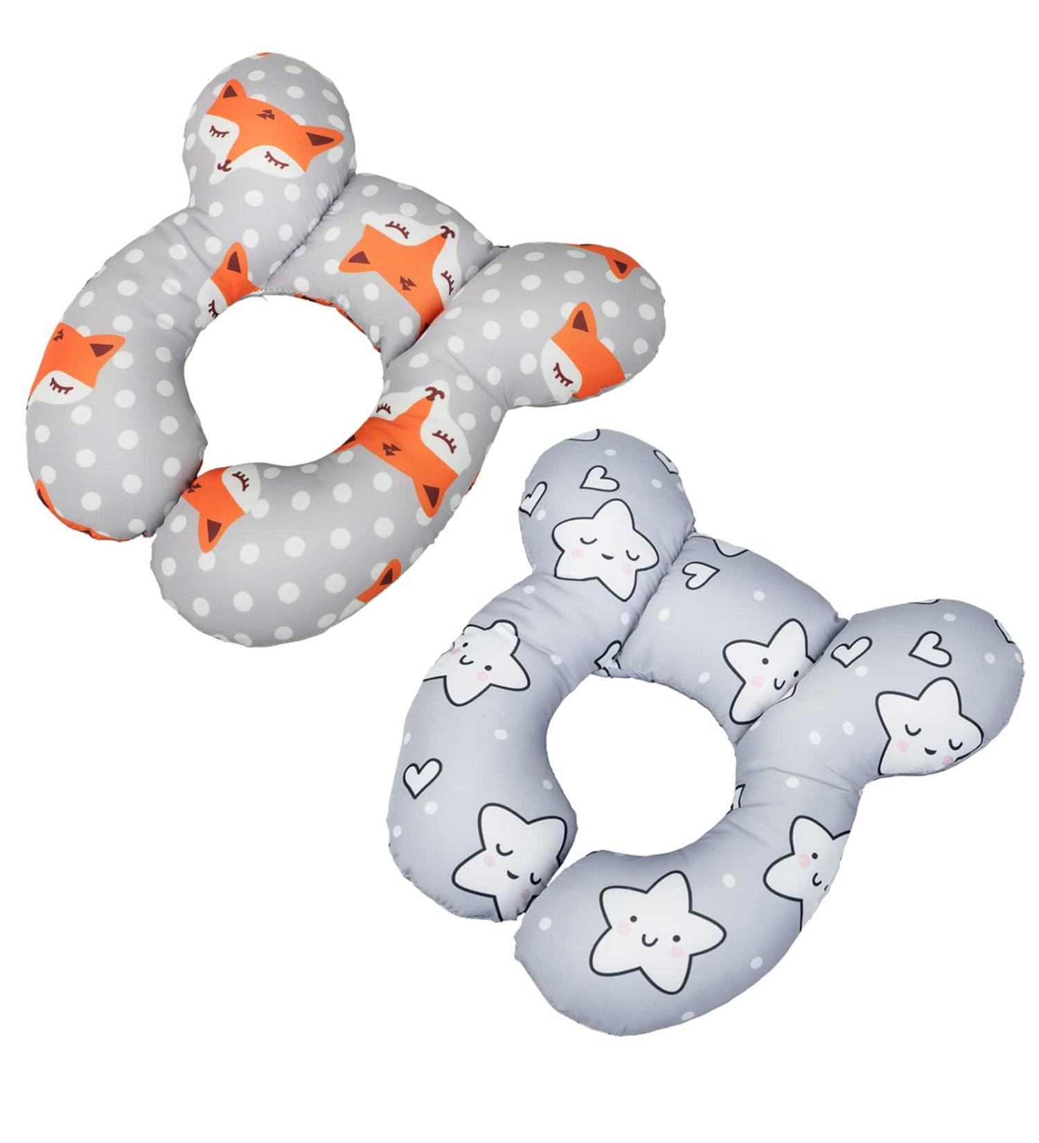 Baby Car Seat Travel Neck Pillow - Infant Head Support Cushion for Stroller & Car Seat - Cute Cartoon Design - Soft U-shaped Protector Pillow - 1pc Fox + 1pc Star - Buy Online on SooperMarket.com