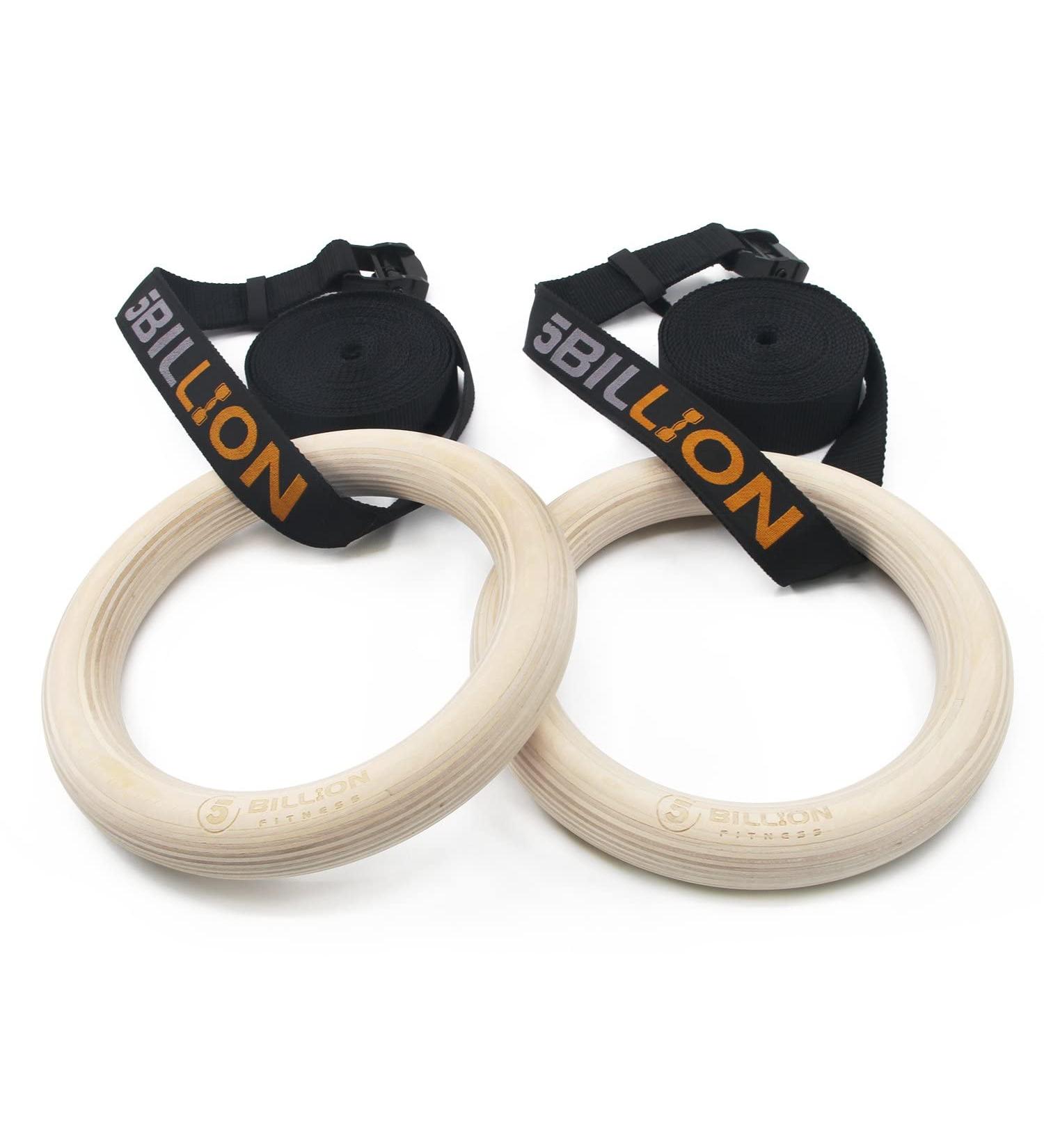 5BILLION Wooden Gymnastic Rings with Adjustable Straps - 2x15ft Wood Gym Rings for Home Gym Full Body Workout - Quick Install Cam Buckle - 1500lbs Supported - Black (32mm) - Buy Online on SooperMarket.com