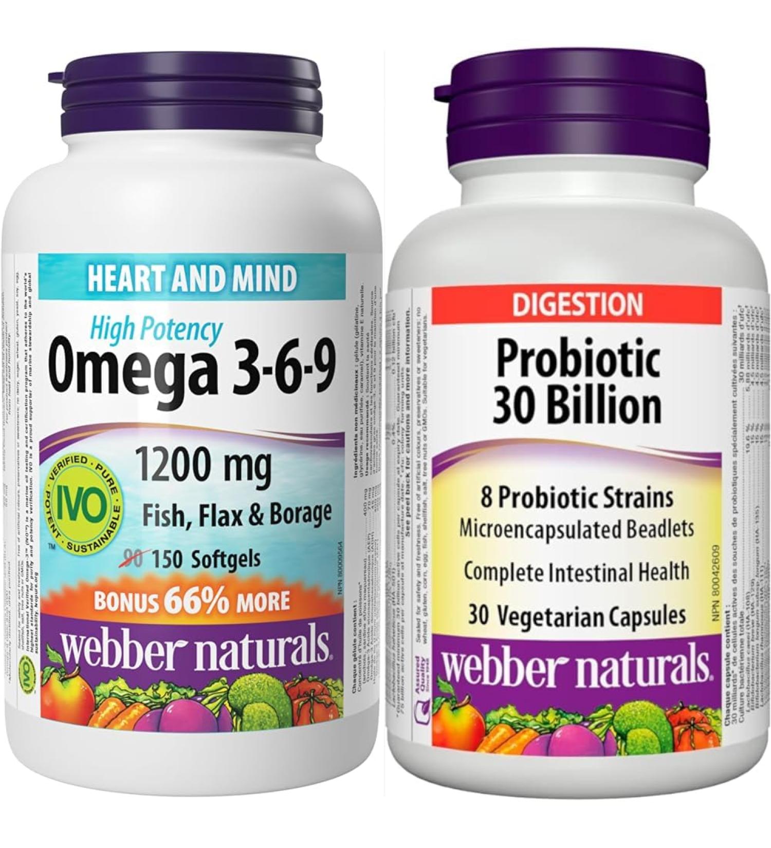 Webber Naturals Omega 3-6-9 1 200 mg Fish Oil 150 Softgels & Probiotic 30 Billion Active Cells 8 Probiotic Strains 30 Capsules For Digestive Health Vegetarian - Buy Online on SooperMarket.com