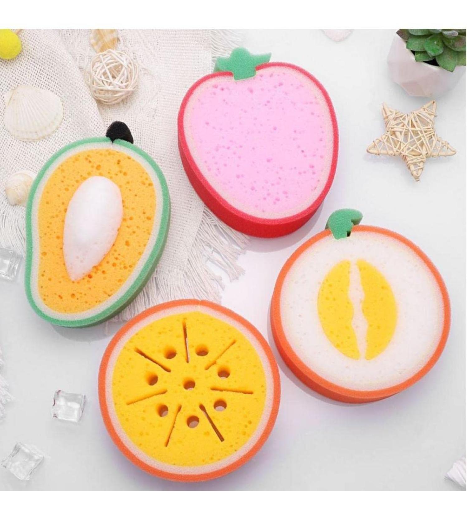 TOSSPER 4 Pack Cute Fruit Shaped Shower Sponges - Perfect Bath Brush for Kids & Children | Fun Bathing Tools & Scrubbers - Buy Online on SooperMarket.com