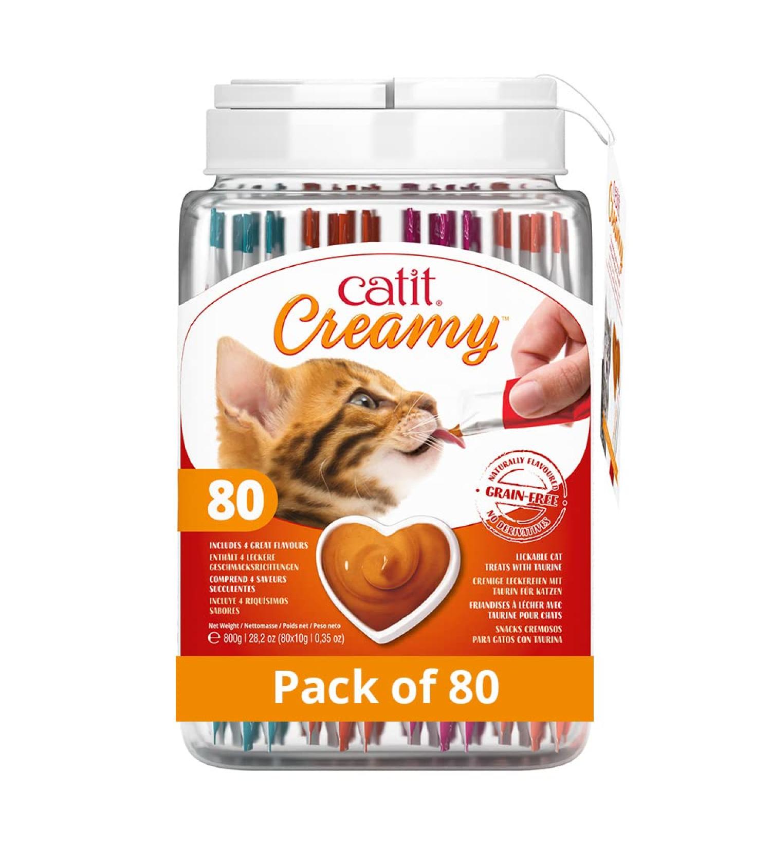 Catit Creamy Healthy & Hydrating natural grain free lickable squeezy Cat Treat sticks 80 x 10g (20ea chicken tuna salmon lamb) tubes in reusable gift jar Mixed - Buy Online on SooperMarket.com