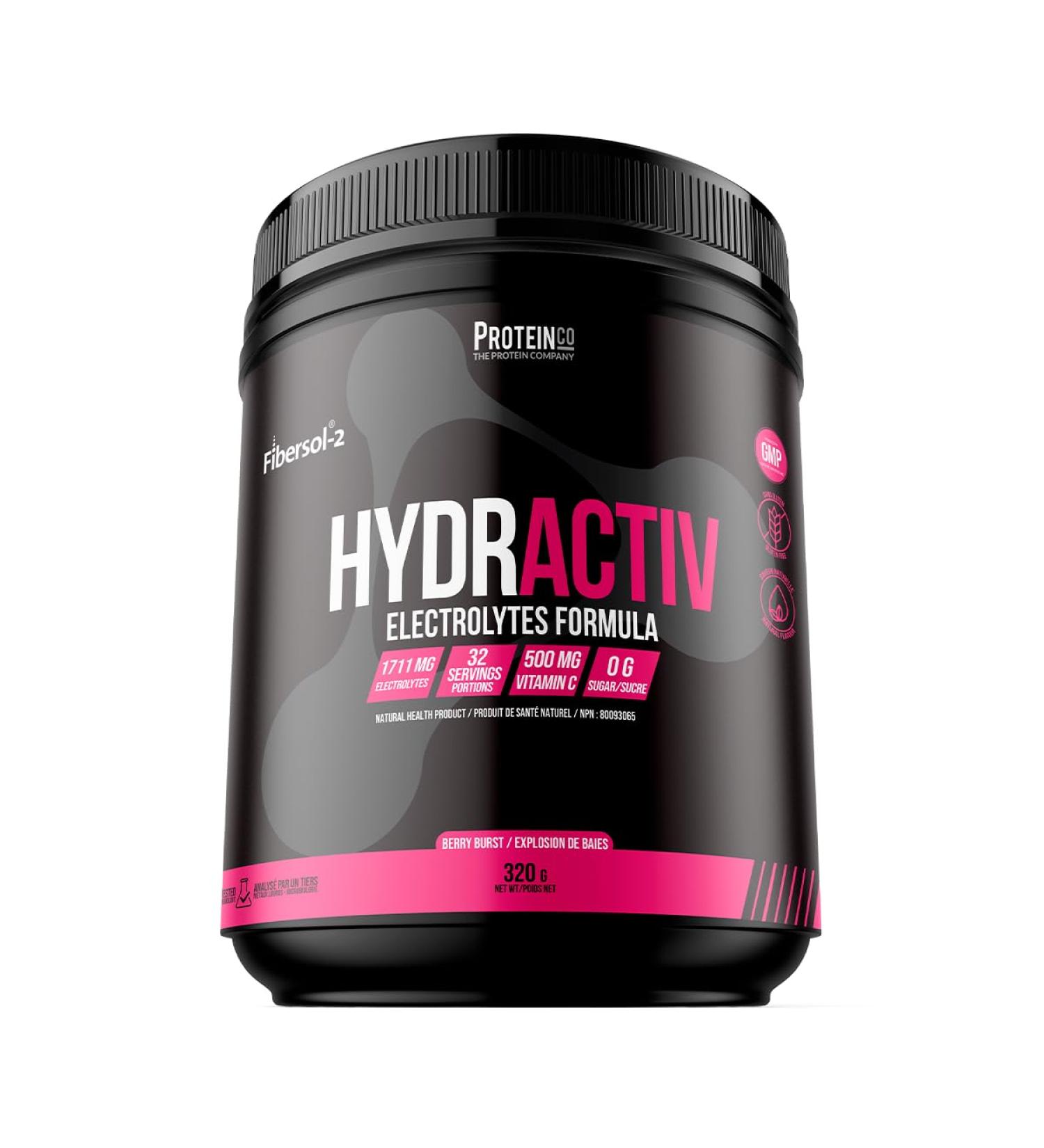 ProteinCo | Hydractiv | 1711mg of Electrolyte Powder | Fibersol-2 & Himalayan Pink Salt | Stevia | Sugar Free (320 g Berry Burst) Berry Burst 320 g - Buy Online on SooperMarket.com