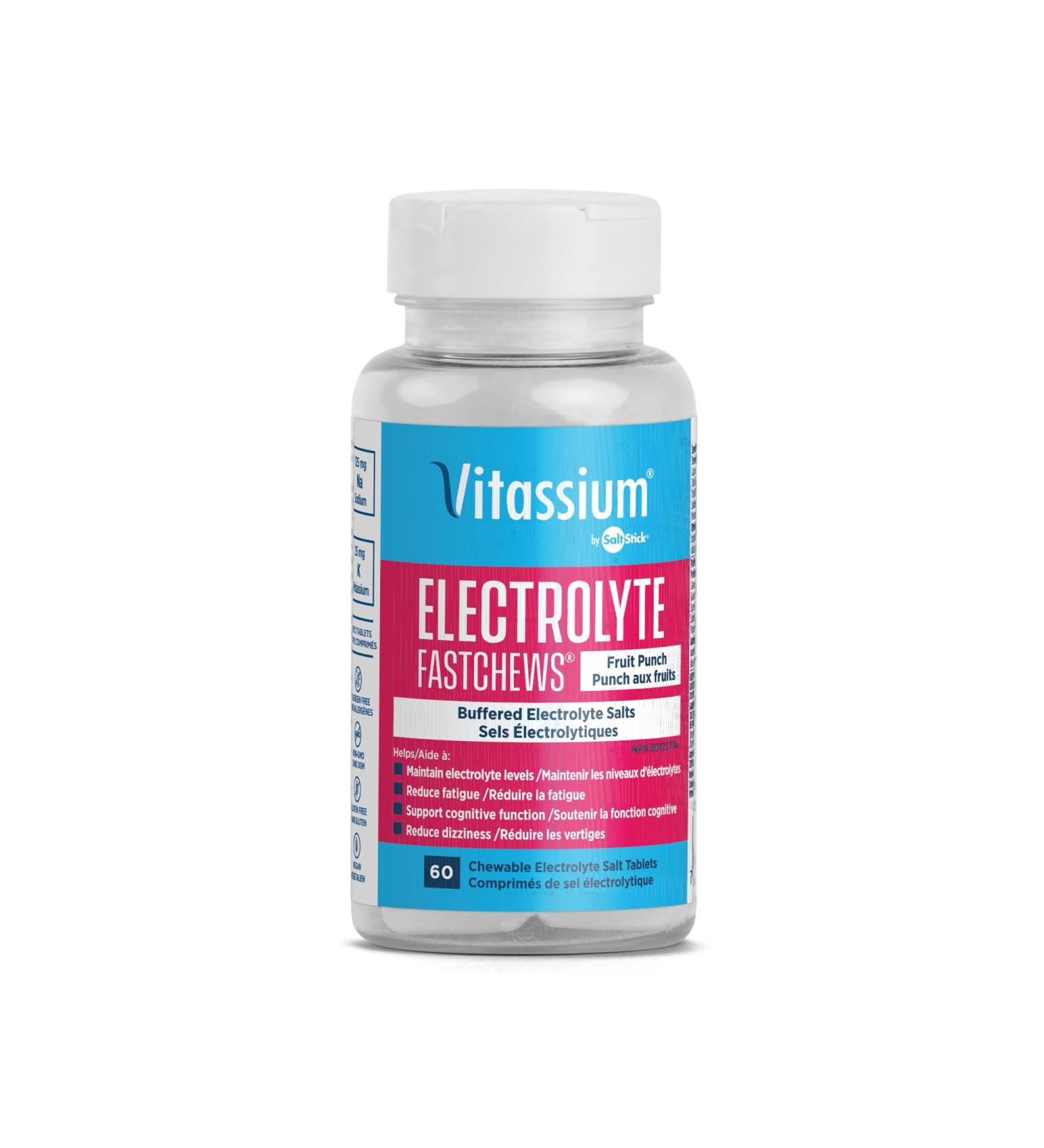 Vitassium FastChews - Fruit Punch Flavored Chewable Electrolytes - Sodium and Potassium for Rapid Relief - Non-GMO Vegan Gluten & Allergen Free - 60 Electrolyte Tablets Per Bottle - Buy Online on SooperMarket.com