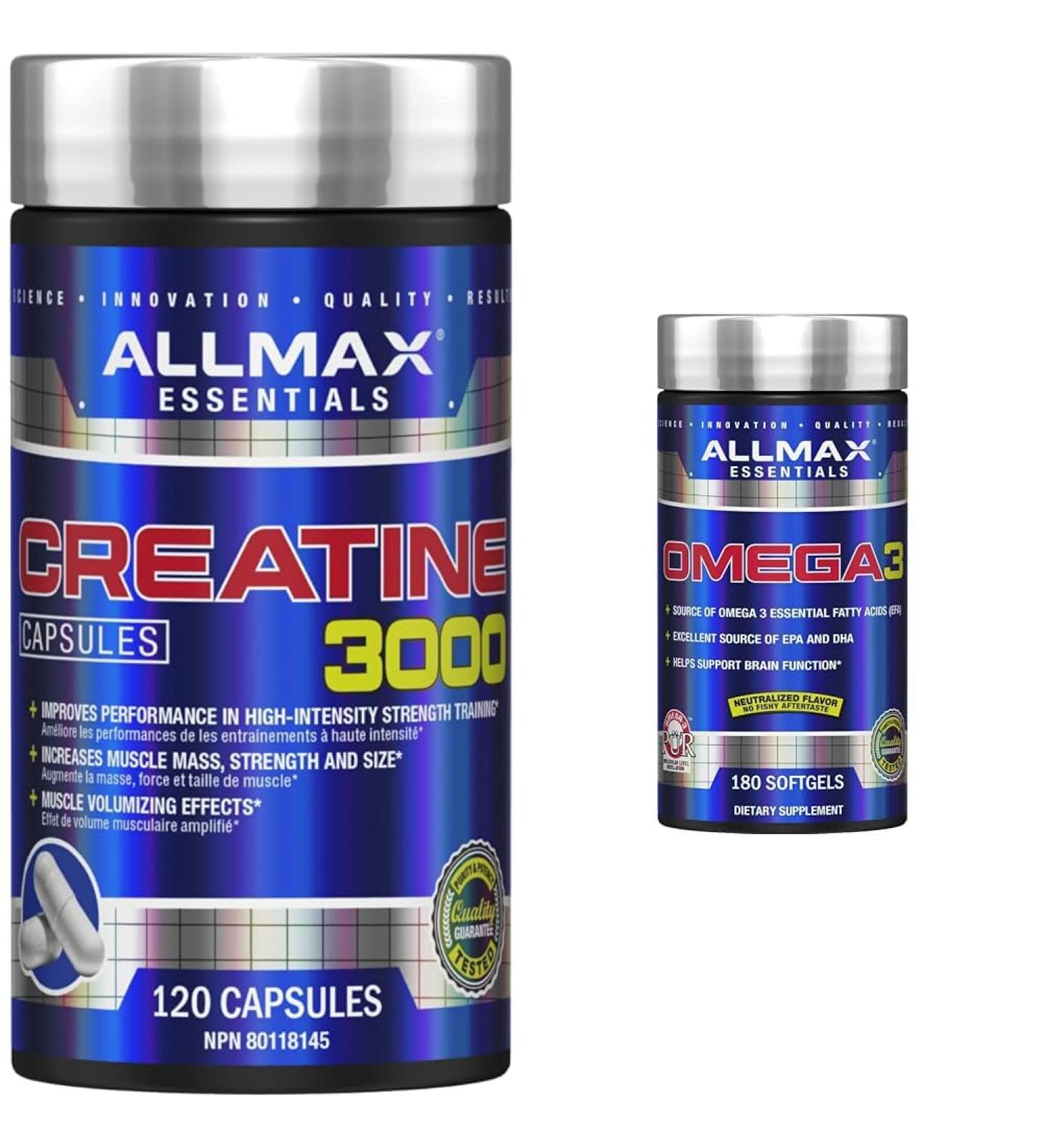 ALLMAX Nutrition - Creatine 3000 Creatine Monohydrate Capsules for Strength and Muscle Recovery & Omega-3 essential fatty acid ultra-pure cold-water fish oil 180 count - Buy Online on SooperMarket.com
