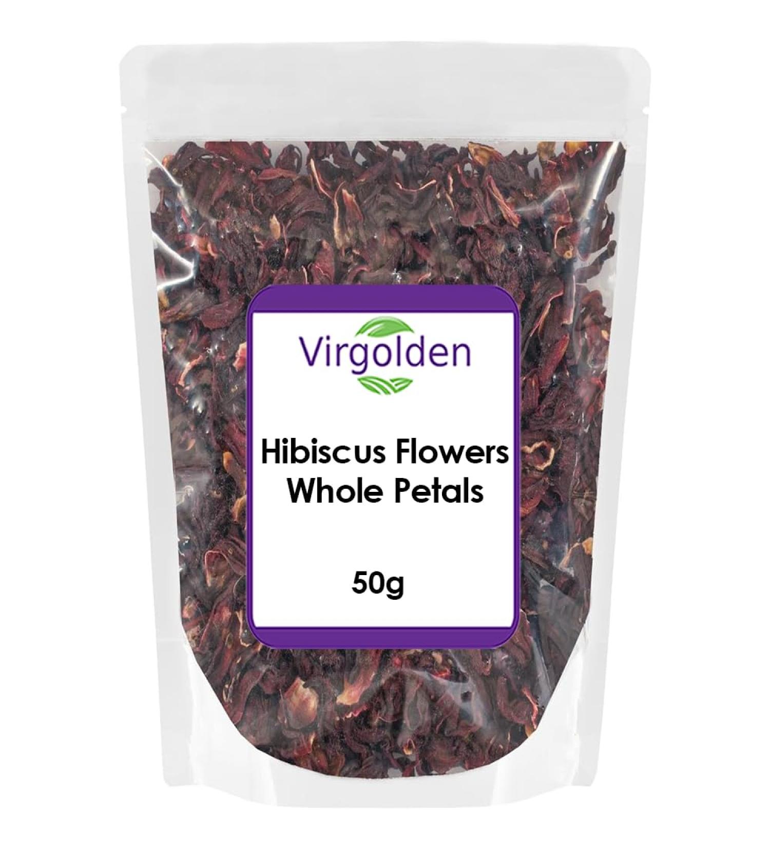 Hibiscus Flowers Whole Petals 50g by Virgolden - Iced Tea Karkade Draining Detox Treatment for Hibiscus Tea Vegan