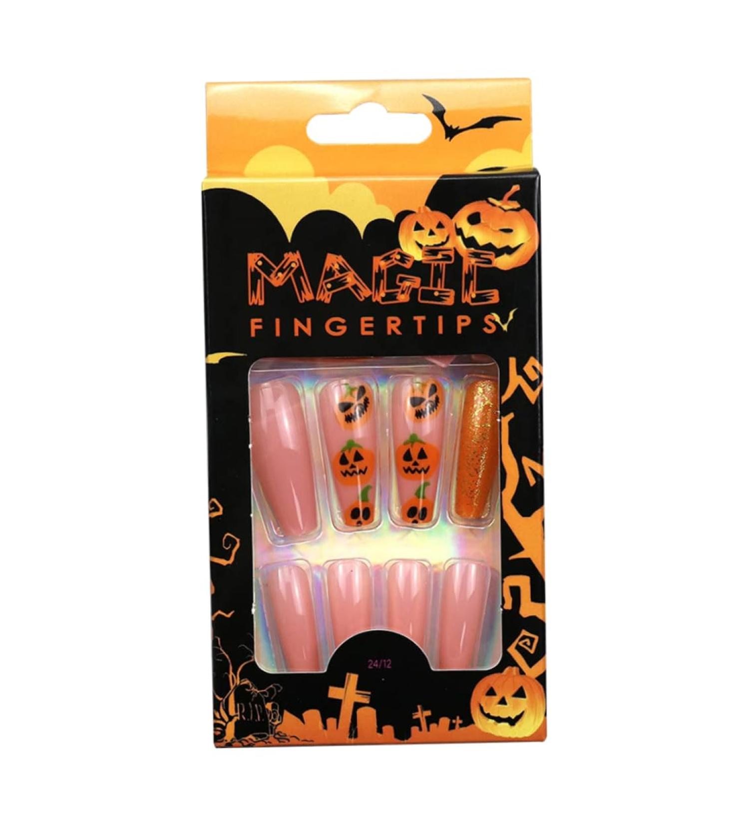 Halloween Press on Nails Medium Length Fake Nails Acrylic Nails Pumpkin Black Flame Cross Head Design Nails Fake Nails Glue for Women and Girls The Most Fashionable Nail Decoration - Buy Online on SooperMarket.com