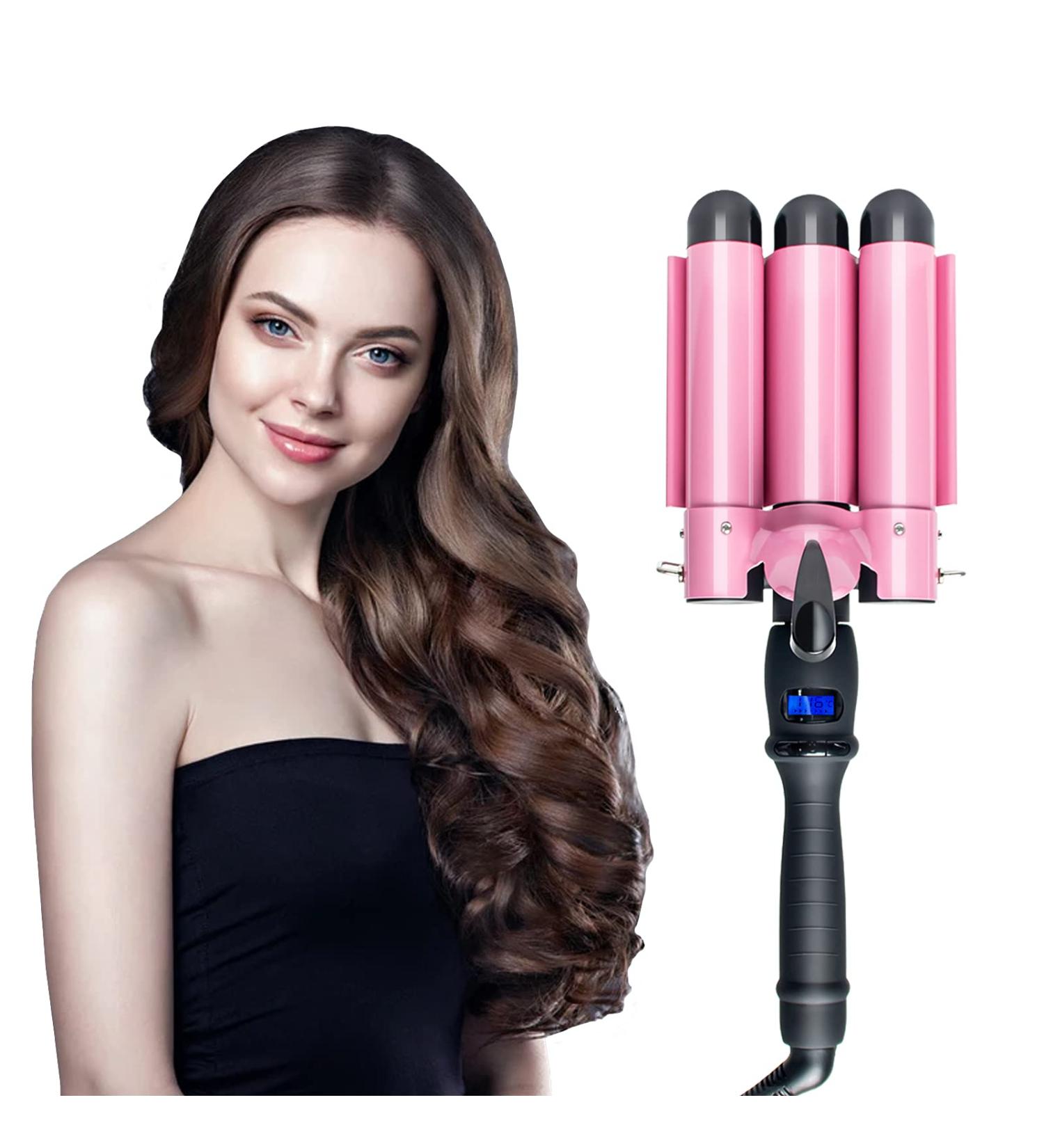 Awhoas 3 Barrel Curling Iron 32MM Hair Waver | Triple Barrel Hair Crimper for Women | Pink Curling Wand with LCD Temp Display - Buy Online on SooperMarket.com