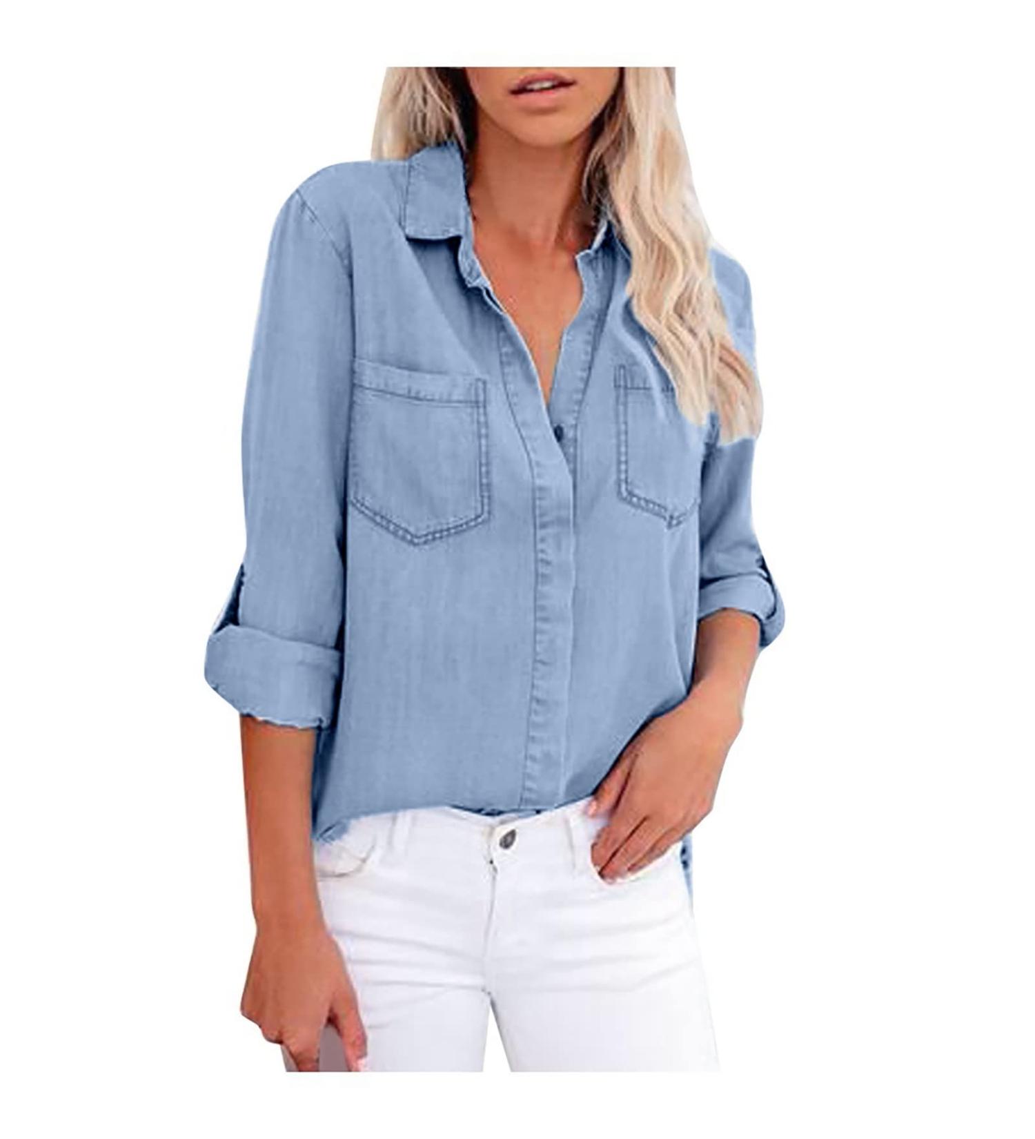 TUNUSKAT Women's Denim Shirt - Back Slit Roll Up Long Sleeve Top - Blue XX-Large - Buy Online on SooperMarket.com