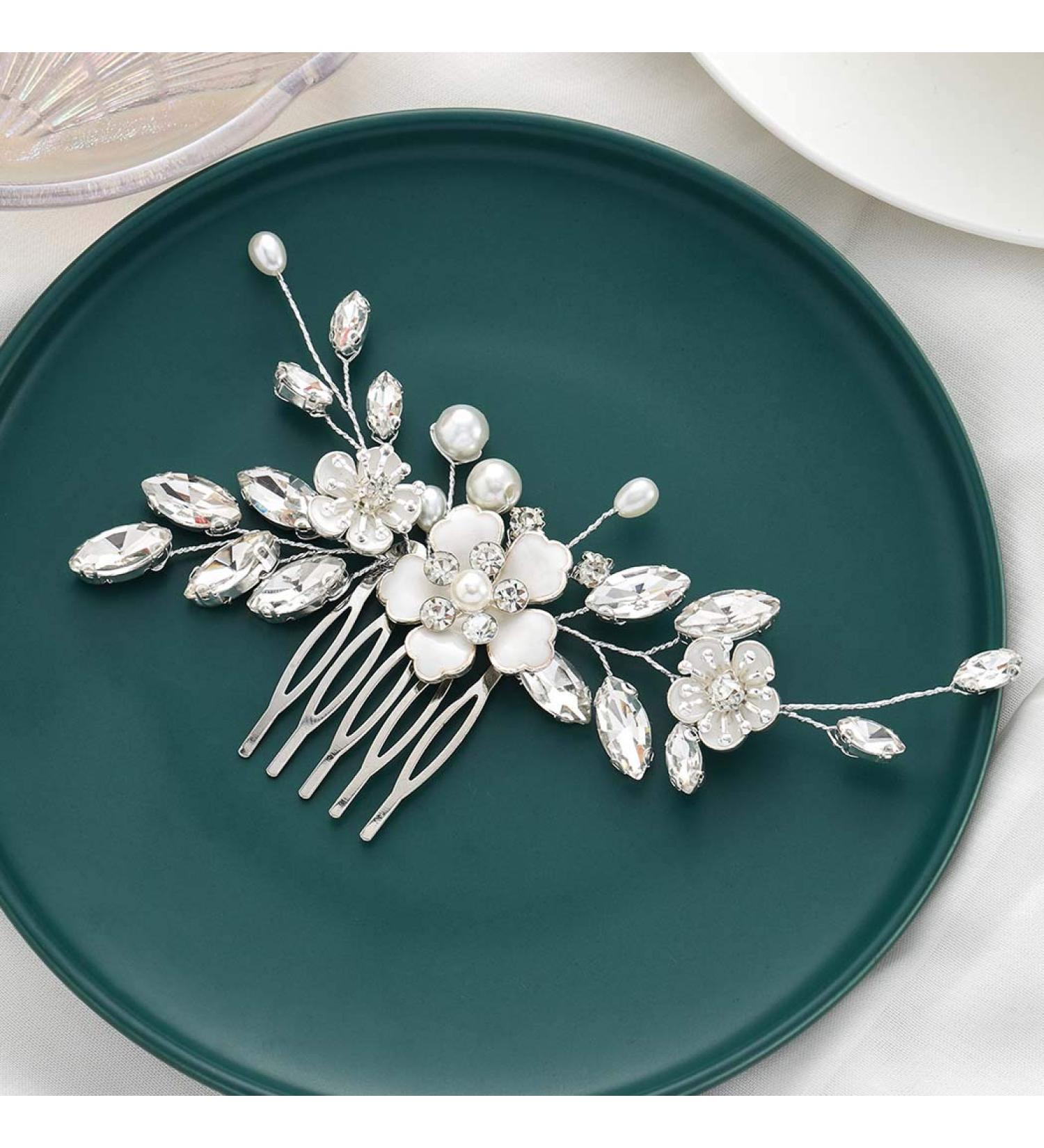 Bridal Hair Comb Silver Flower Wedding Hairpiece Crystal Side Combs for Women - A-Silver - Buy Online on SooperMarket.com