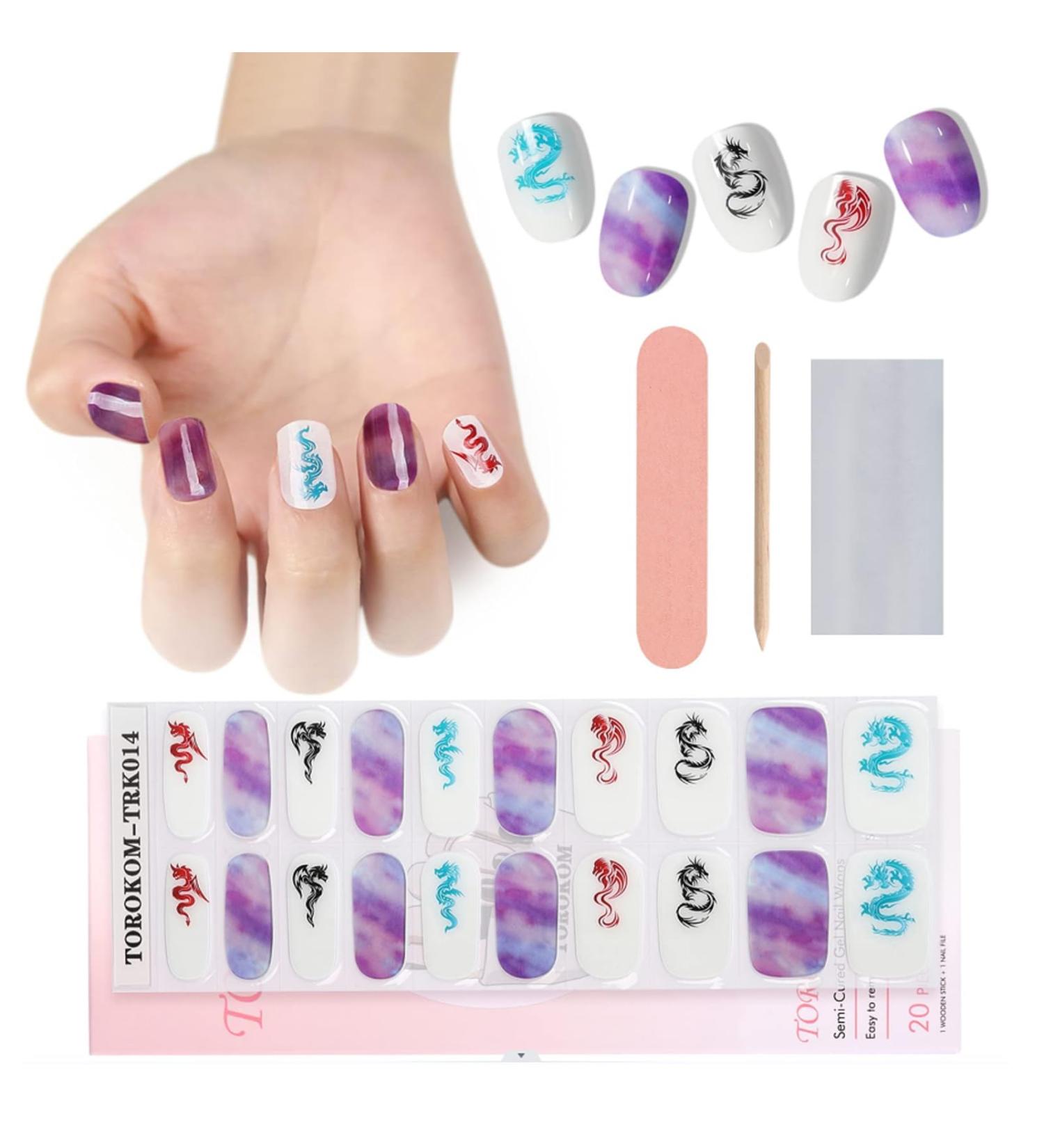 Semi Cured Gel Nail Strips - Purple Long Lasting Waterproof Nail Polish Stickers Set with Cuticle Stick, File, Wipes & Sealing - UV/LED Lamp Required - Buy Online on SooperMarket.com