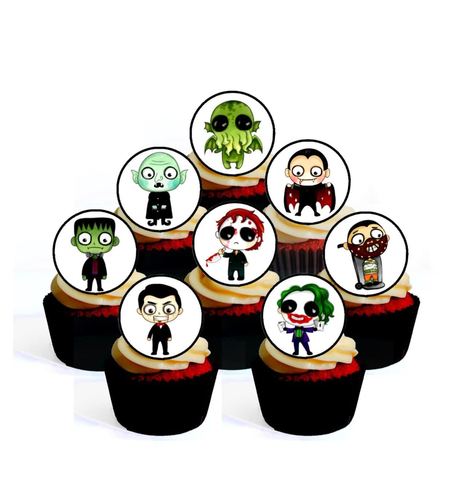 24 Halloween Horror Characters Theme #2 Edible Cupcake Toppers (PRECUT Optional) - wafer card disc cake decorations Stand Up/Lie Flat (UNCUT Pack of 24) - Buy Online on SooperMarket.com