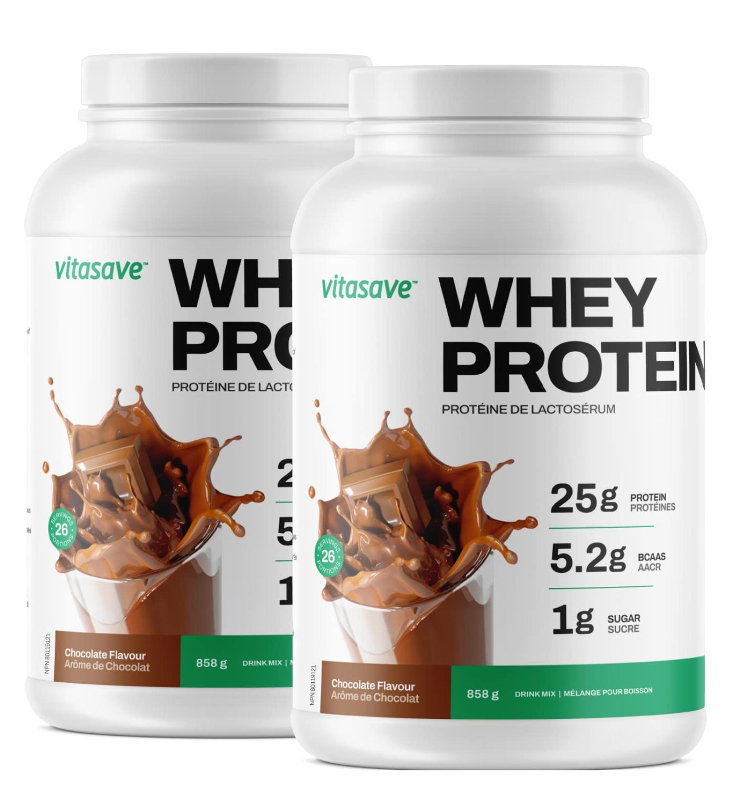 Whey Protein Powder by Vitasave 100% Whey Protein Powder 25g Protein Per Serving Grass-Fed Gluten-Free BCAAs Amino Acids - 26 servings 858g Tub (Chocolate Pack of 2) Chocolate Pack of 2 - Buy Online on SooperMarket.com