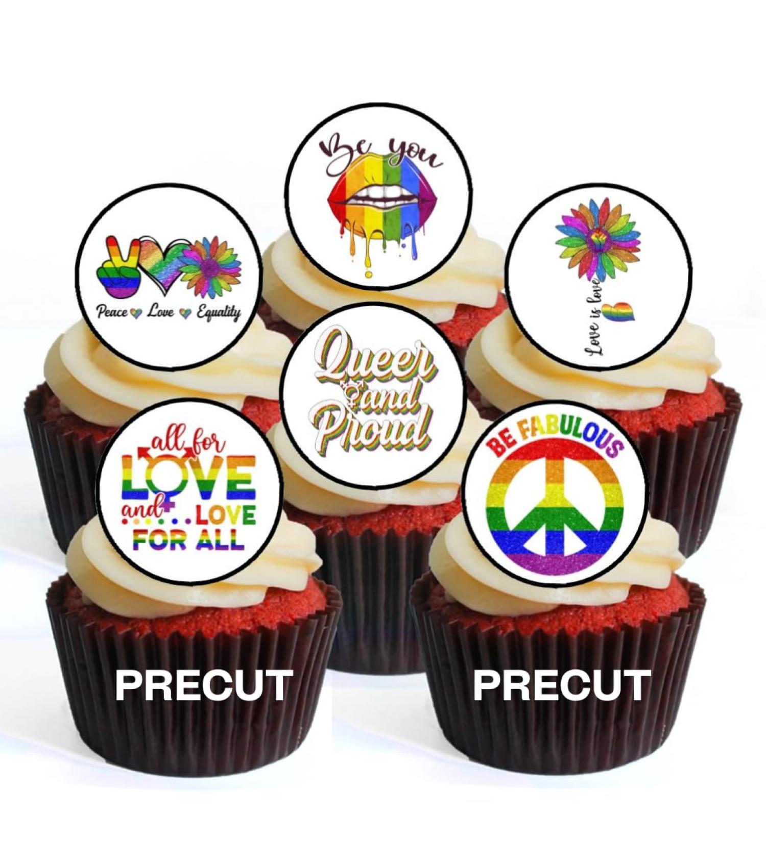 PRECUT LGBTQ Edible Cupcake Toppers - LGBTQ Pride Theme Premium Thickness SWEETENED VANILLA - wafer card disc cake decorations (Pack of 12) - Buy Online on SooperMarket.com