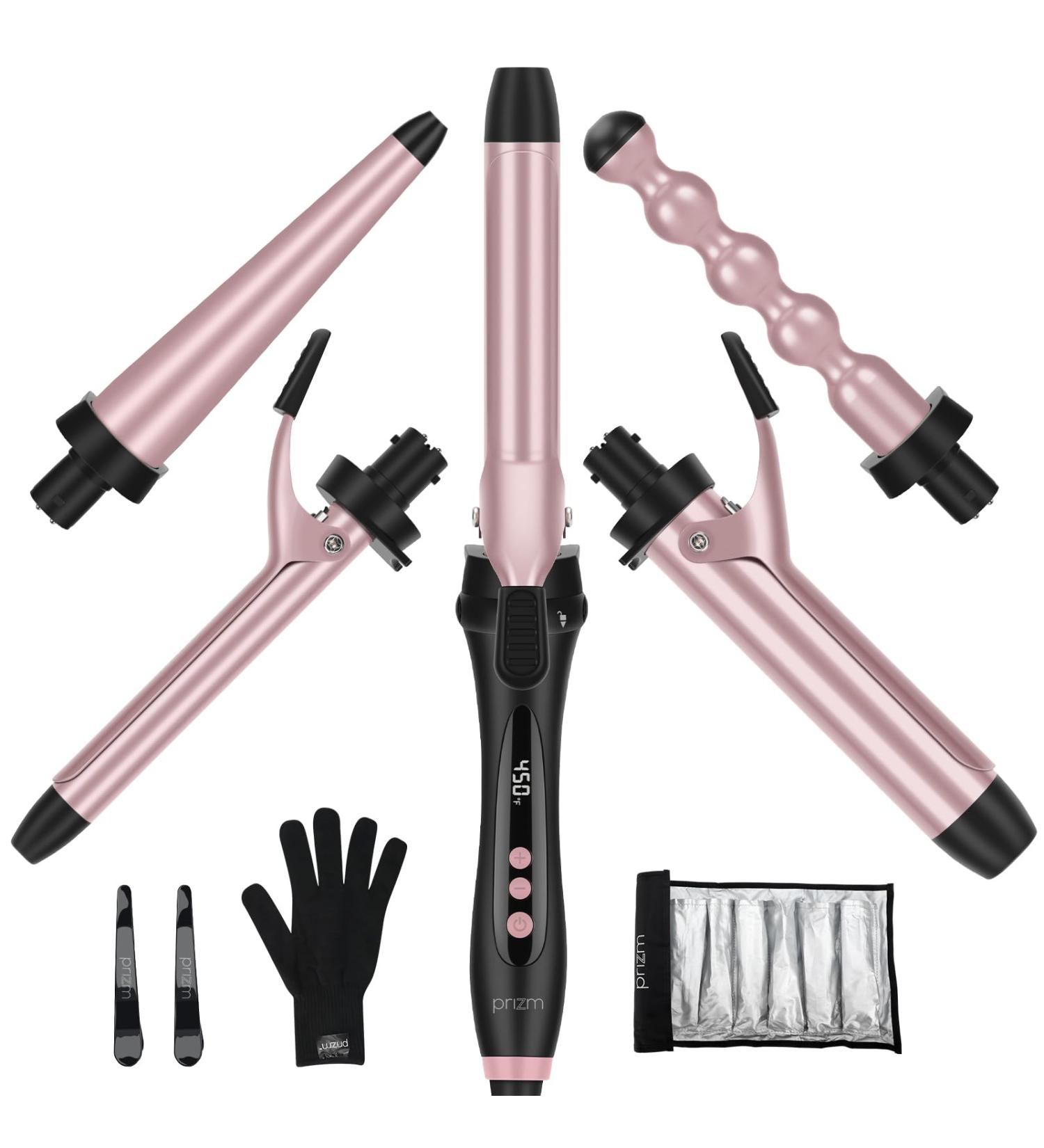 Prizm Pro Clamp Curling Iron Set 5 Interchangeable Barrels 11 Adjustable Temp Dual Voltage Rose Pink Perfect for Travel & Beautiful Curls - Buy Online on SooperMarket.com