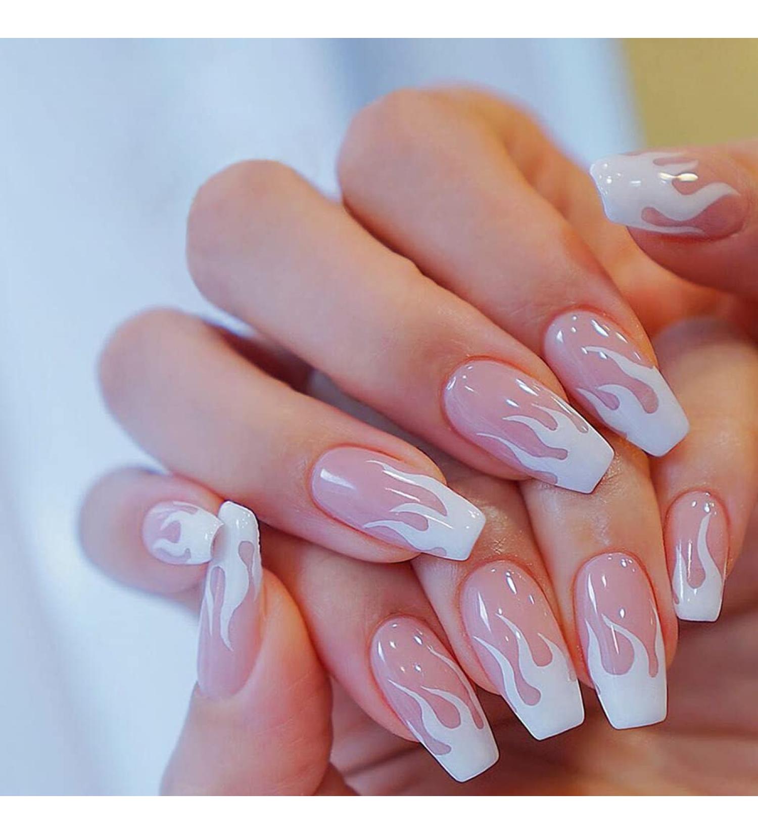 VATOCU Short Pink French Flame Coffin Press-On Nails - 24 Shiny Ballerina Nail Tips for Women & Girls - Buy Online on SooperMarket.com