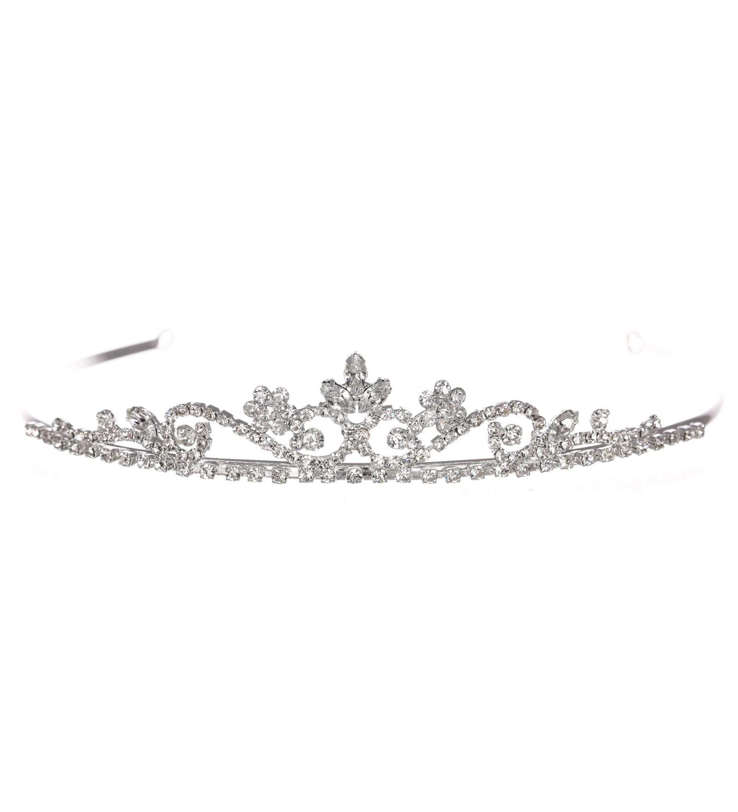Princess Rhinestone Crystal Flower Tiara Crown for Bridal Wedding Prom - Clear Crystals, Silver Plated - Buy Online on SooperMarket.com