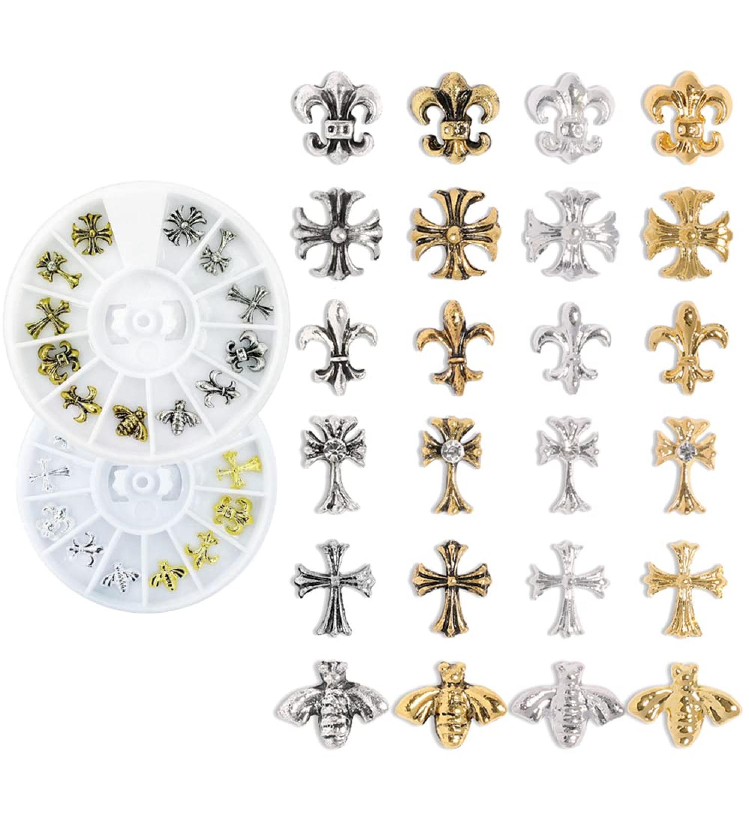 2 Boxes AB Nail 3D Art Accessories - 24 Pcs Mixed Sizes, Multi Shapes Manicure Decoration in Golden and Silver - Nail Face Makeup DIY Craft - Buy Online on SooperMarket.com