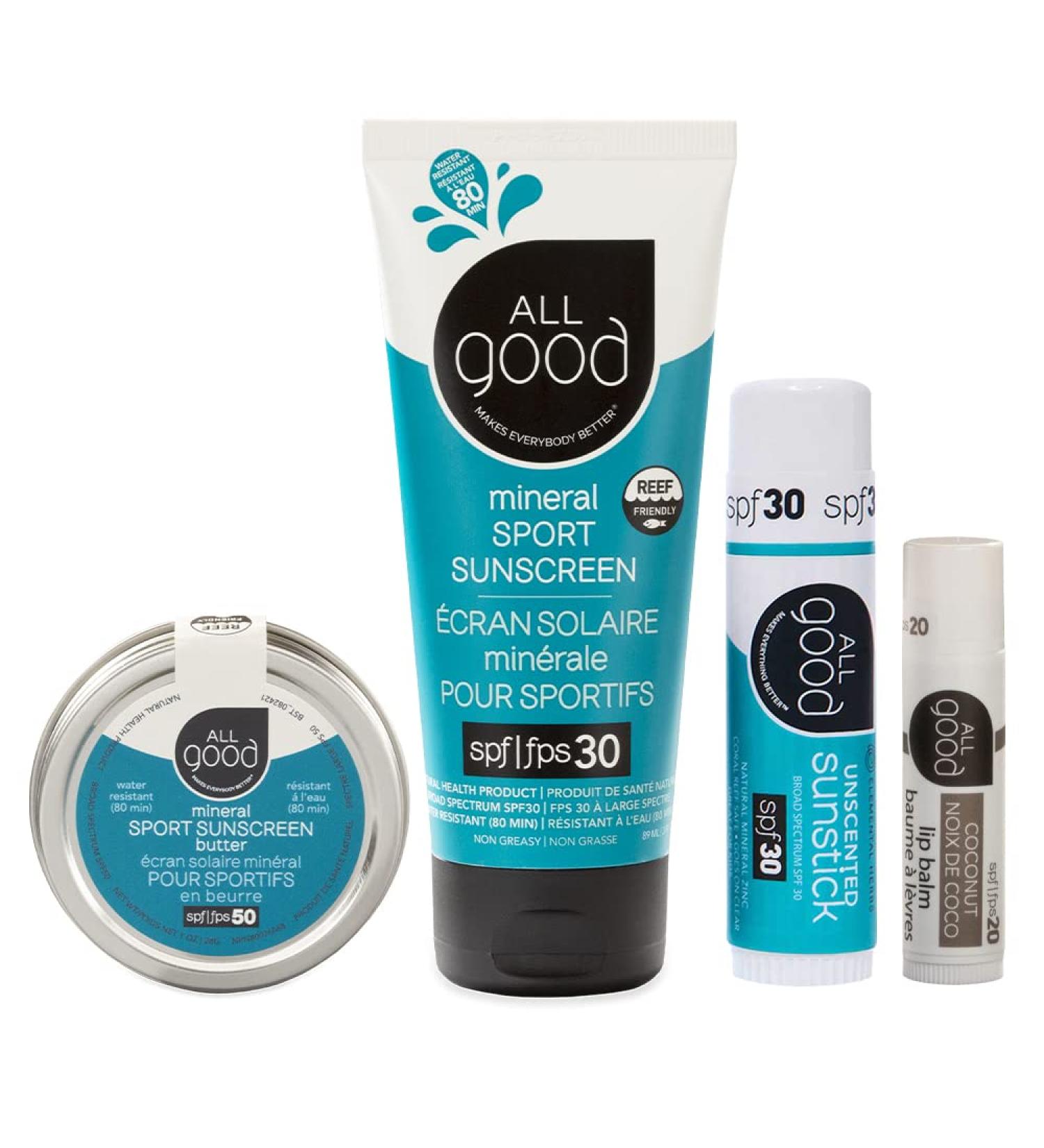All Good Mineral Sun Care Set - Sport Sunscreen, Zinc Butter, Sunstick, Lip Balm - Water Resistant & Coral Reef Friendly - Buy Online on SooperMarket.com