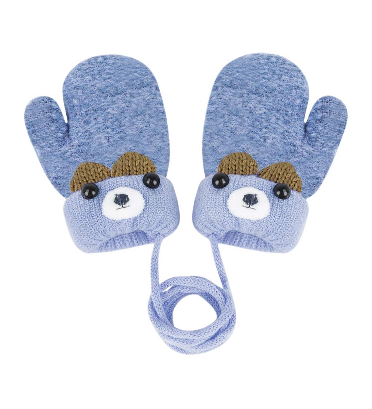 Cute Cartoon Kids Knitted Gloves with String | Winter Warm Mitten Gloves for Boys & Girls - Blue - Buy Online on SooperMarket.com