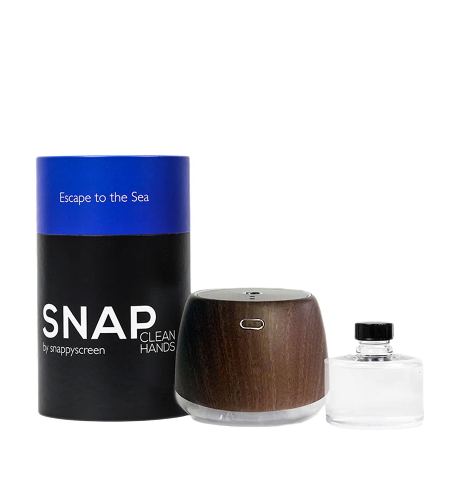 SnappyScreen SNAP Wellness Touchless Hand Sanitizer Device (Woodgrain) + Escape to the Sea Cartridge - Coconut & Sea Salt - Buy Online on SooperMarket.com