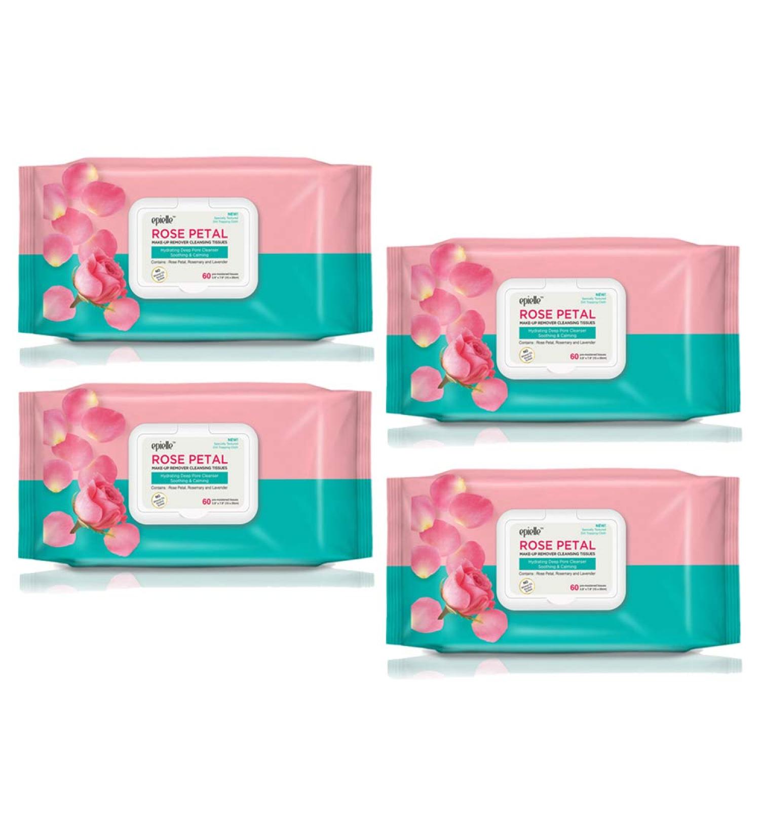 Epielle Rose Petal Makeup Remover Cleansing Tissues - 60 Pre-Moistened Tissues - Hypoallergenic, Soothing, No Mineral Oil, Alcohol, Sulfate - 4pk - Buy Online on SooperMarket.com