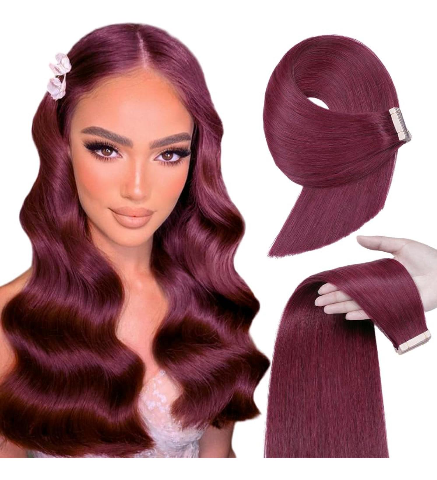 YDDM 20PCs 24-Inch Invisible Tape Extensions - Real Hair 50g Burgundy 99J# Skin Weft - Buy Internationally - Buy Online on SooperMarket.com