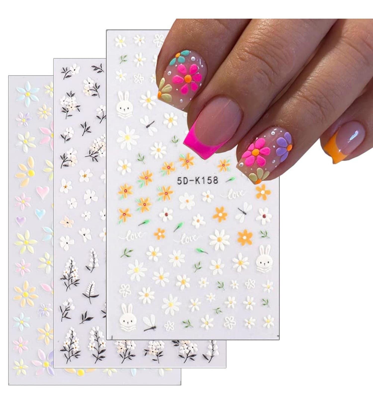 Daisy Embossed 5D Nail Art Stickers - Spring Flower & Rabbit Design | Self-Adhesive Decor for Women & Girls - 3 Sheets - Buy Online on SooperMarket.com