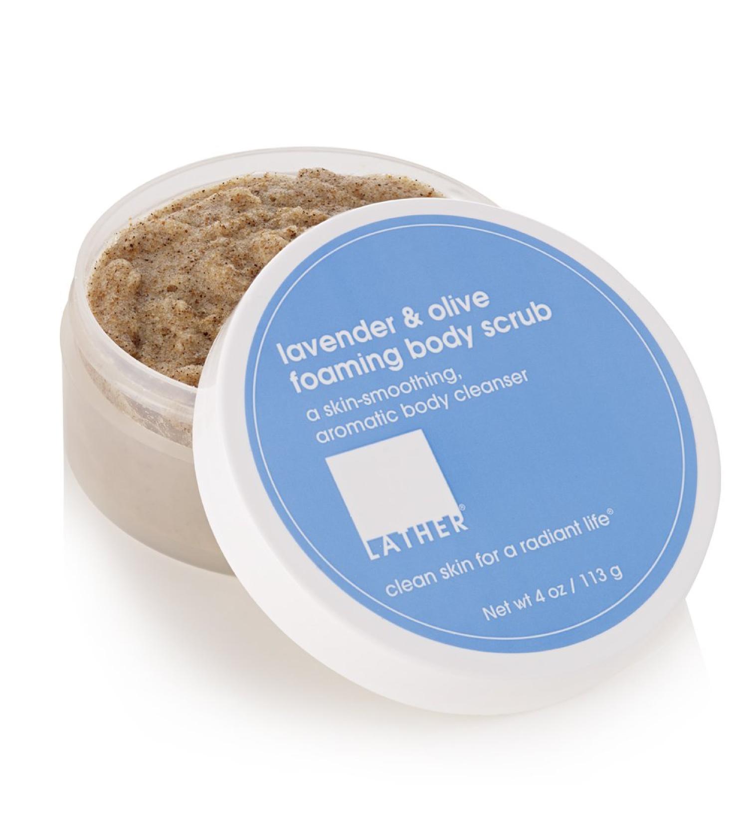LATHER Lavender & Olive Foaming Body Scrub - Gentle Exfoliating & Hydrating for All Skin Types - Soft & Smooth Skin - 4 Oz Jar - International Shipping Available - Buy Online on SooperMarket.com